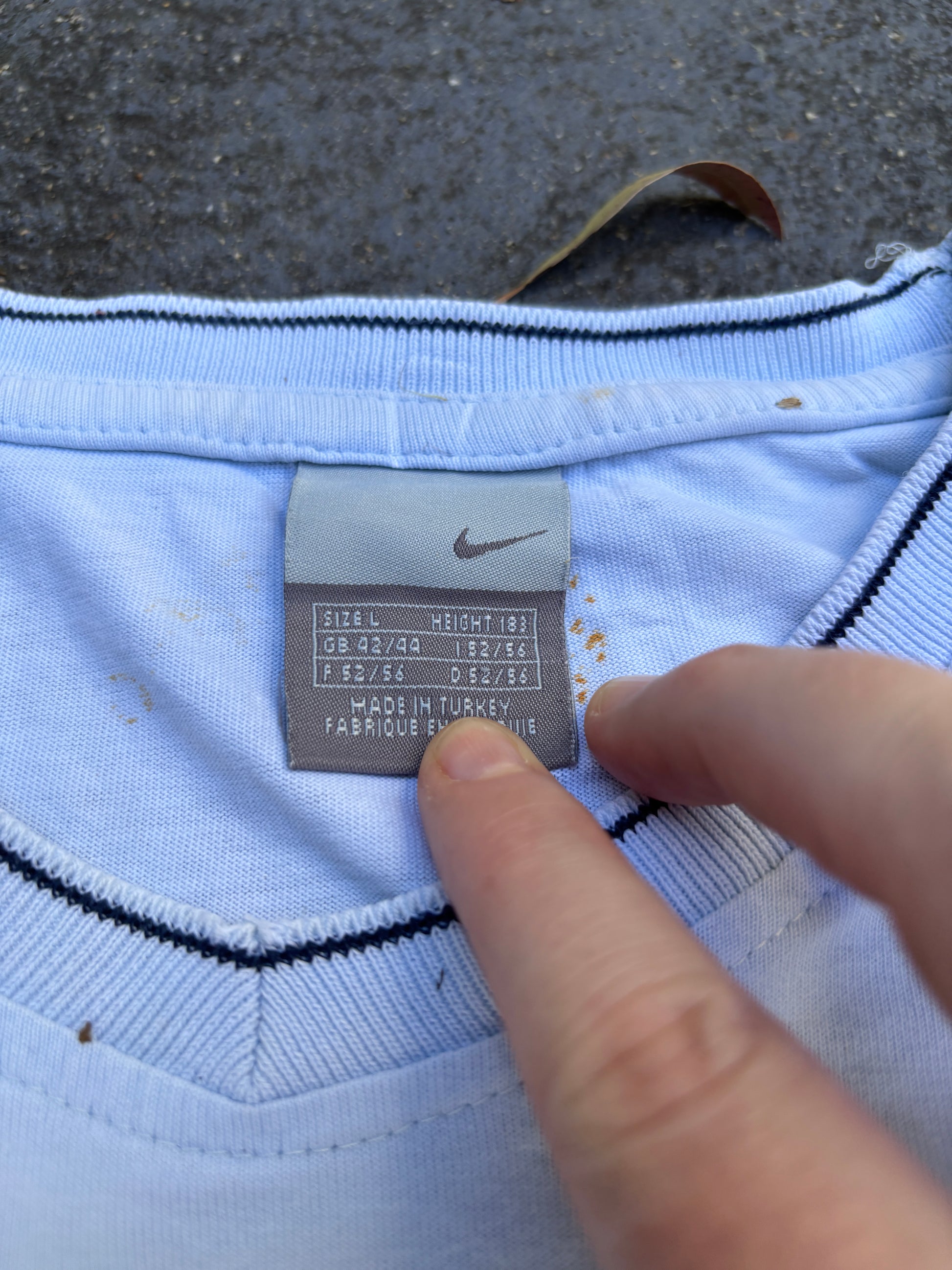 Vintage Y2K Nike T-Shirt Size L Light Blue V-Neck Embroidered Chest Swoosh