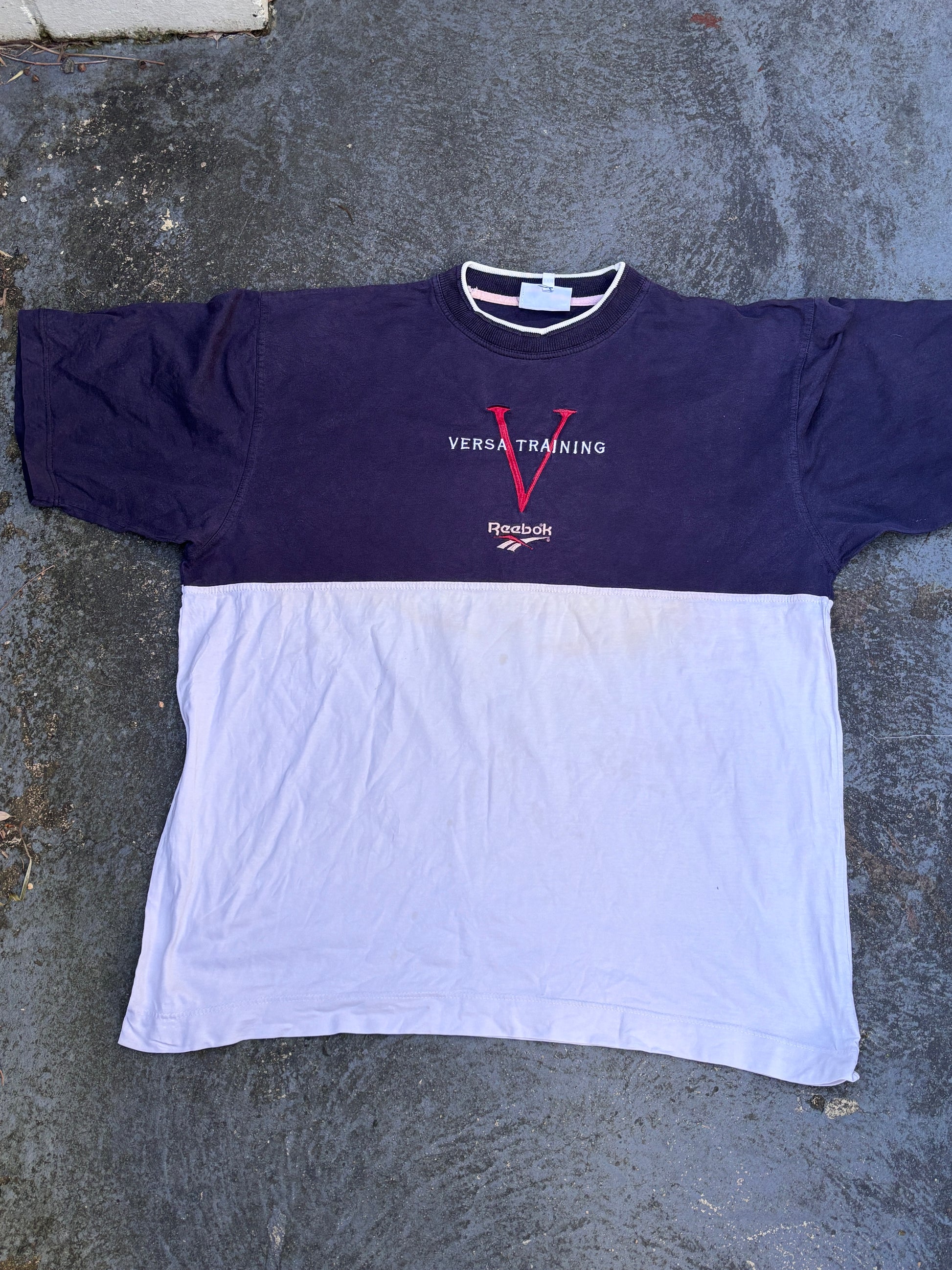 Vintage 90s Reebok T-Shirt Size XXL Navy Grey Colour Block Embroidered Logo