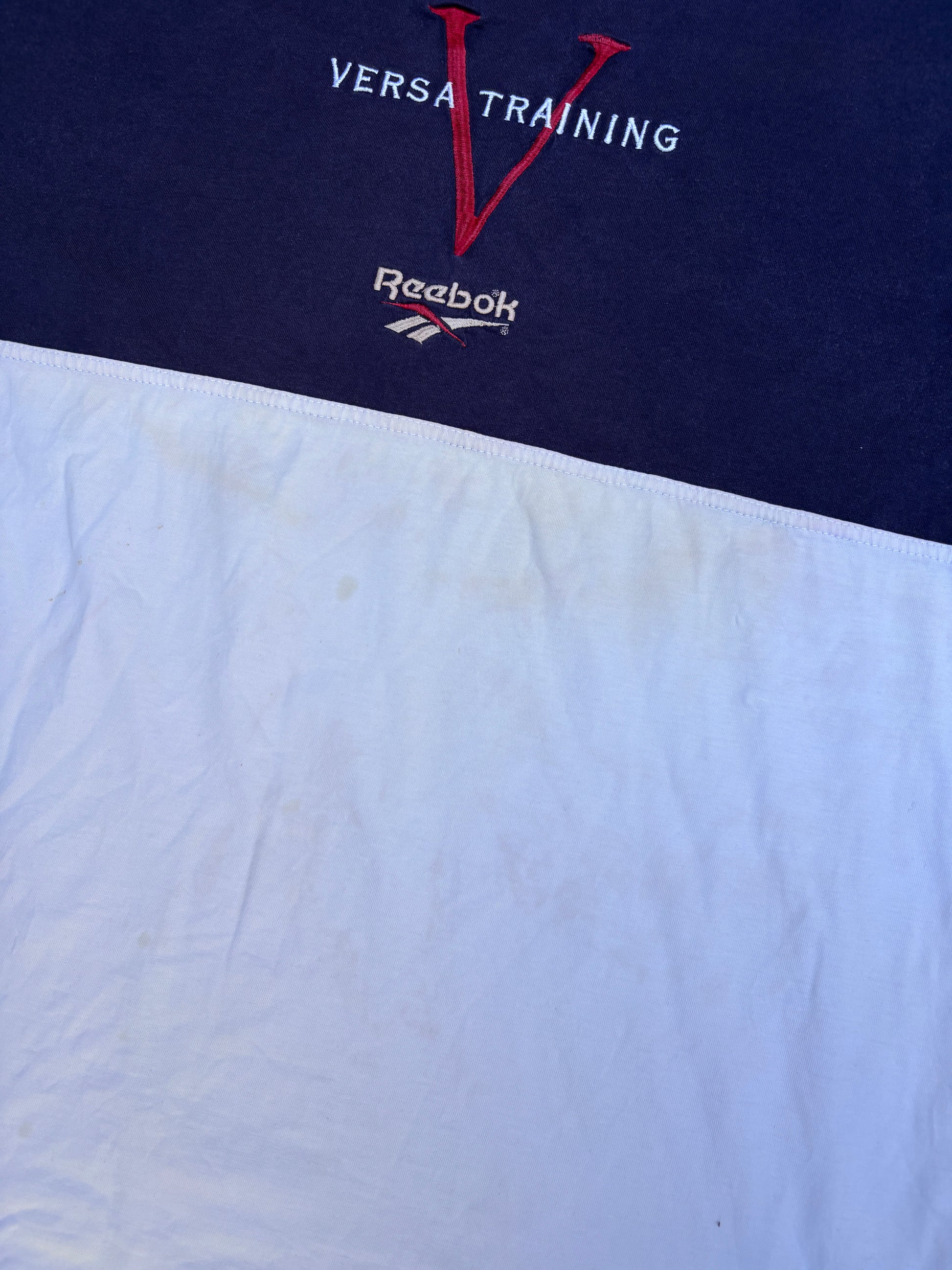 Vintage 90s Reebok T-Shirt Size XXL Navy Grey Colour Block Embroidered Logo