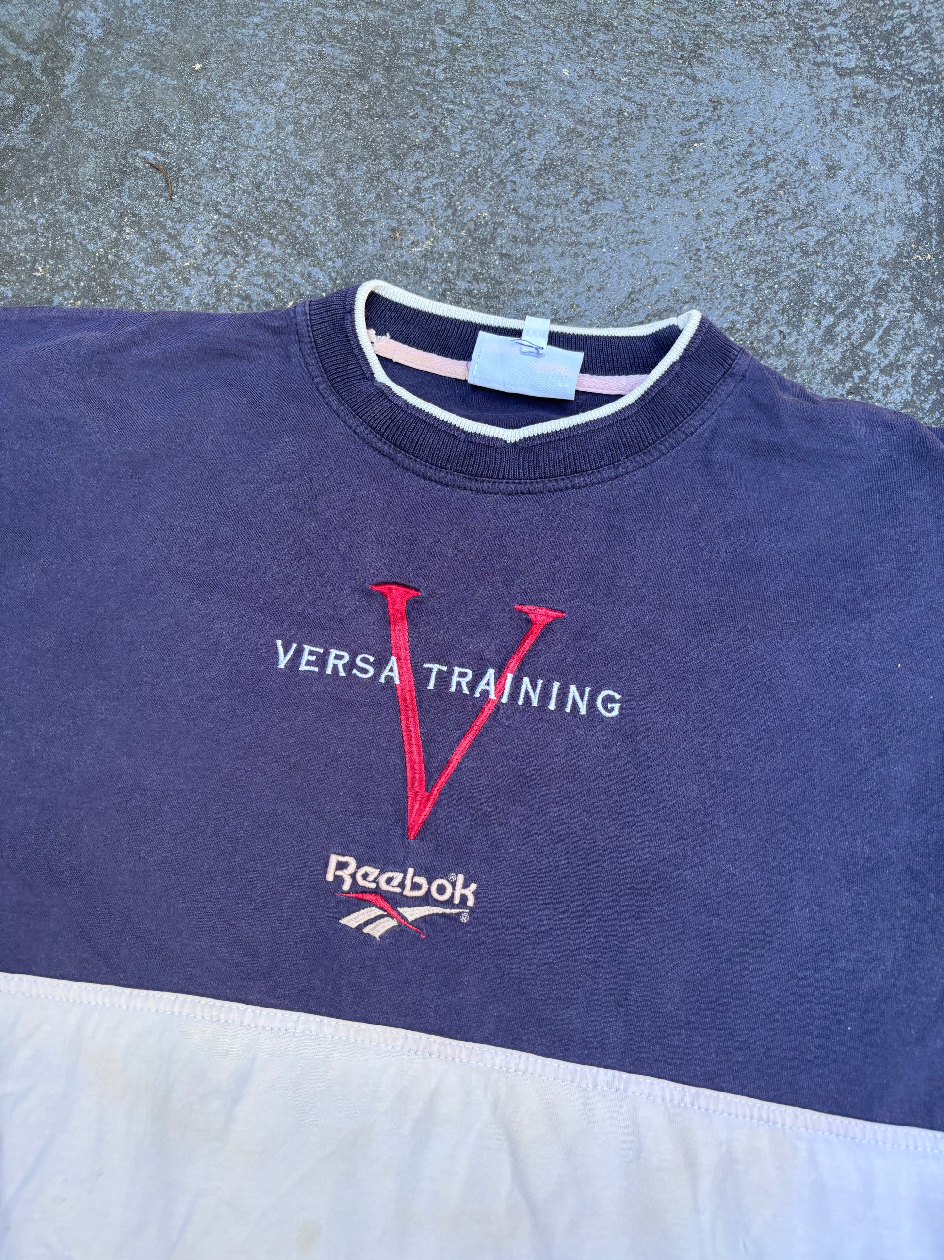 Vintage 90s Reebok T-Shirt Size XXL Navy Grey Colour Block Embroidered Logo