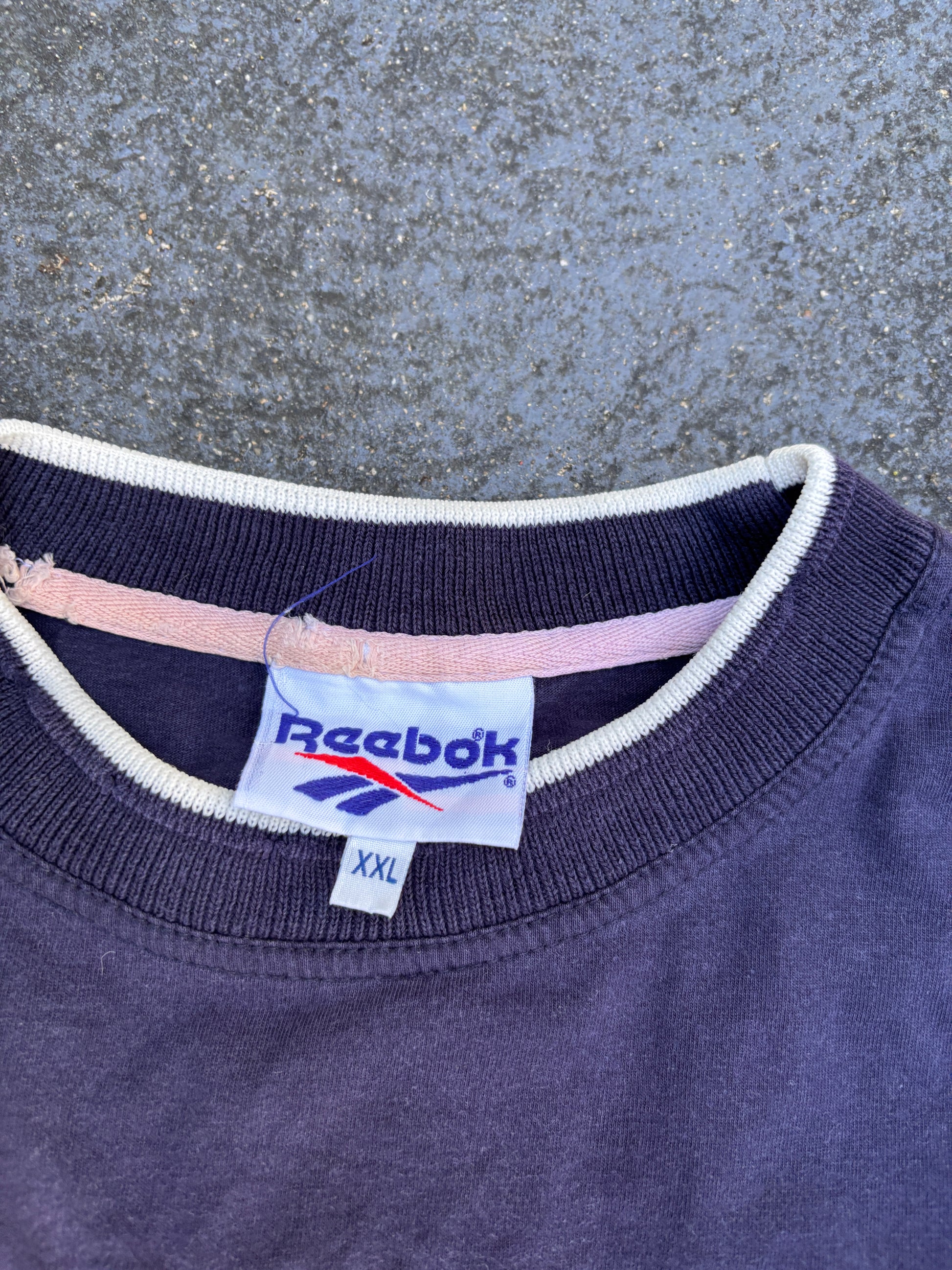 Vintage 90s Reebok T-Shirt Size XXL Navy Grey Colour Block Embroidered Logo
