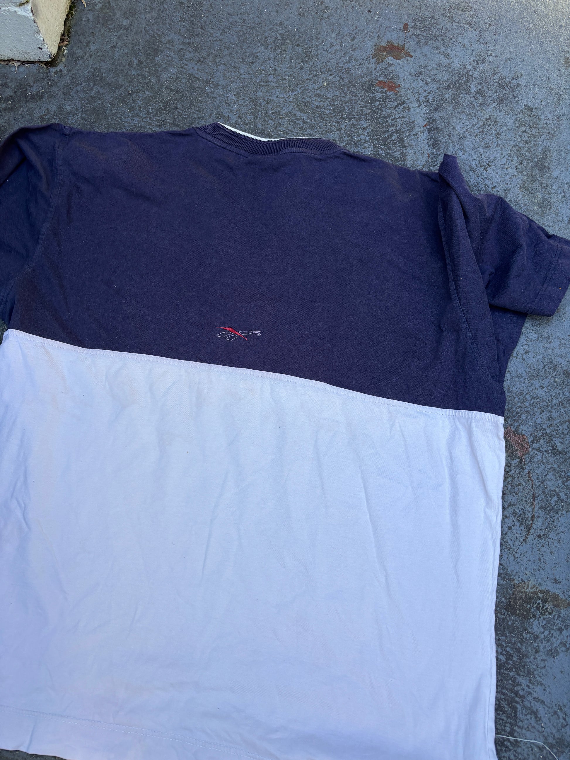 Vintage 90s Reebok T-Shirt Size XXL Navy Grey Colour Block Embroidered Logo