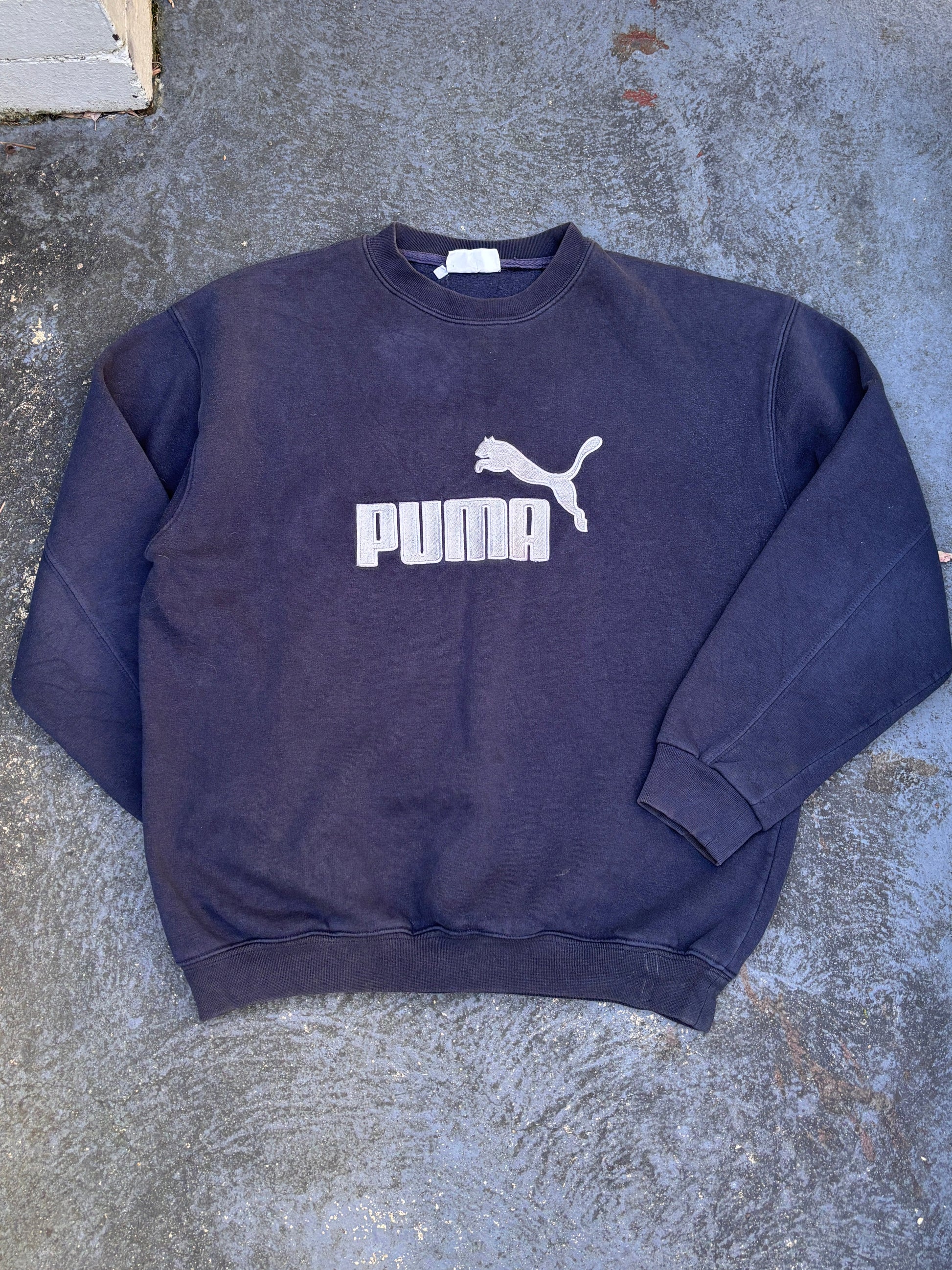 Vintage 90s Puma Jumper Size M Navy Large Embroidered Logo Sweatshirt