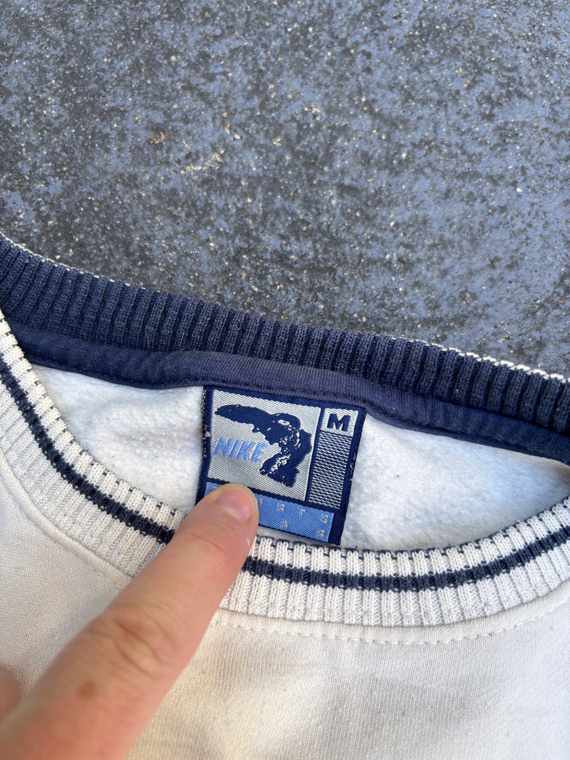 Vintage 90s Nike Spain Jumper Size M Cream Navy Split Spell Out Sweatshirt