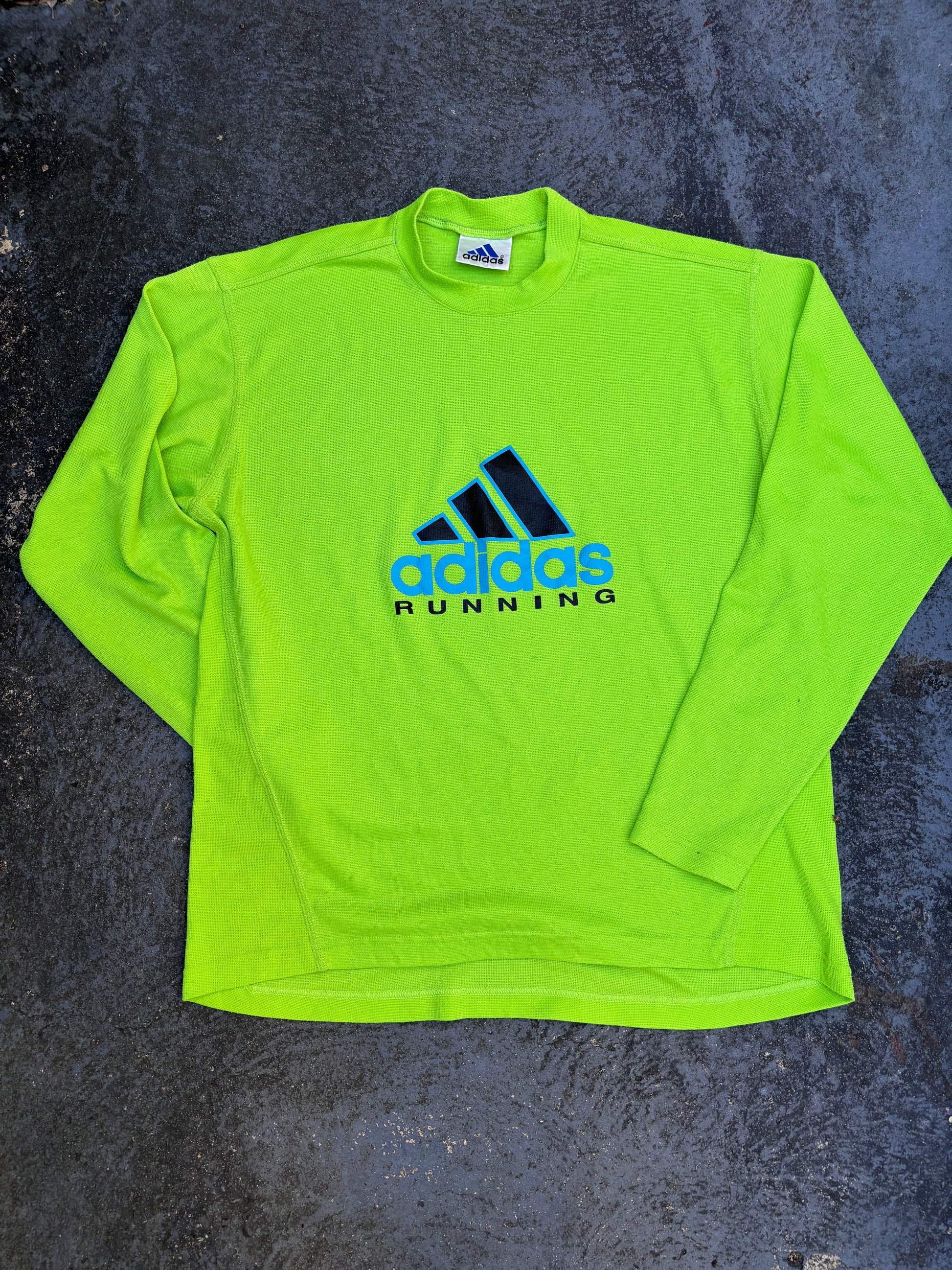 Vintage 90s Adidas Running Jumper Size L Fluro Green Large Front Graphic