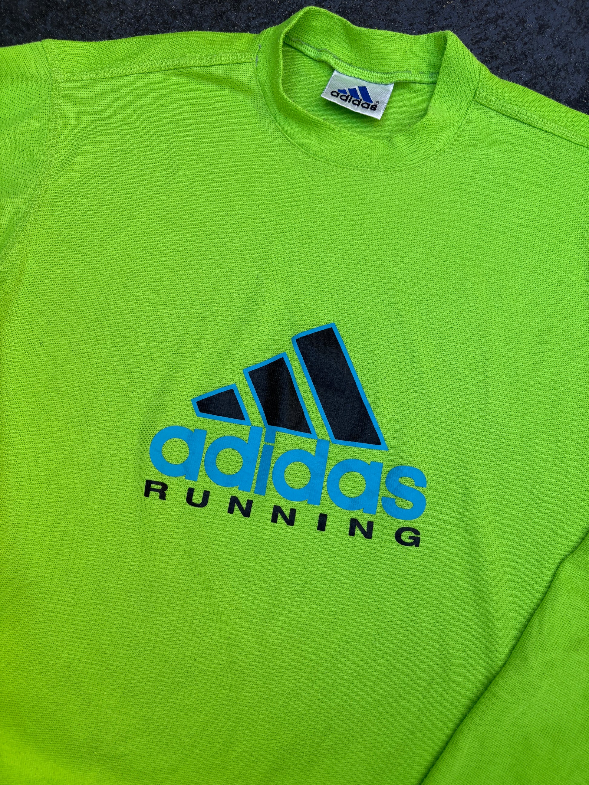 Vintage 90s Adidas Running Jumper Size L Fluro Green Large Front Graphic