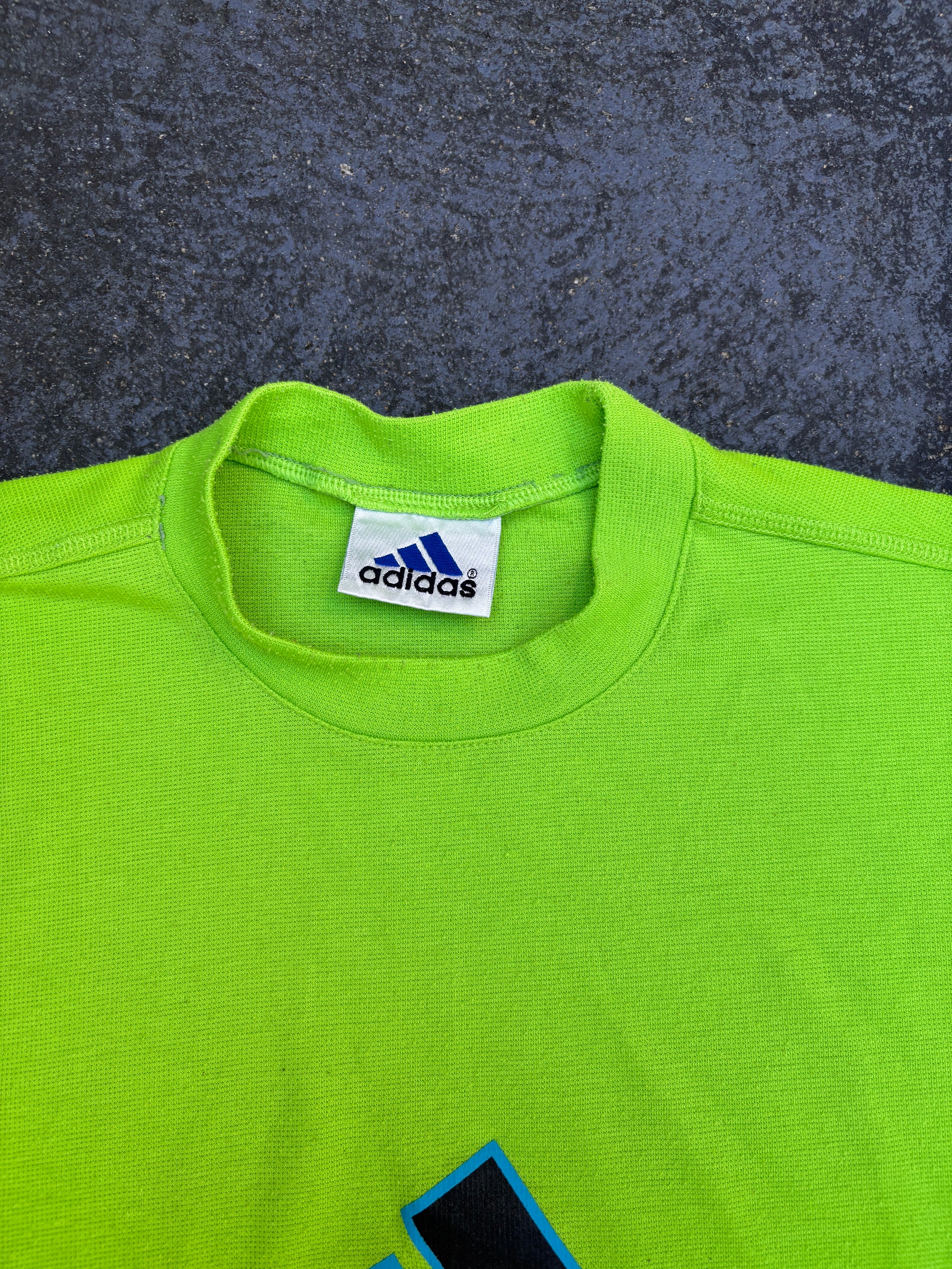 Vintage 90s Adidas Running Jumper Size L Fluro Green Large Front Graphic
