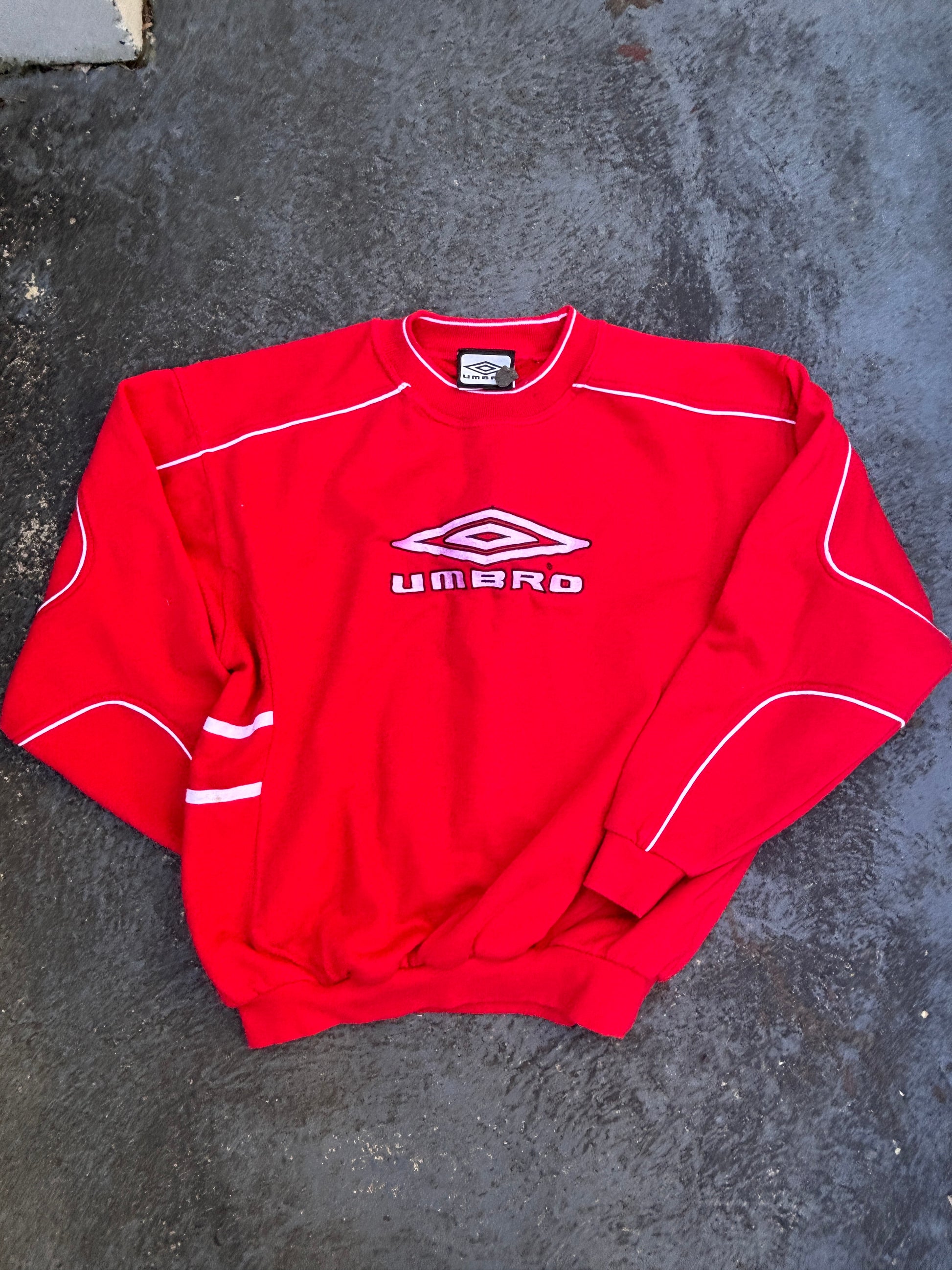 Vintage 90s Umbro Jumper Size S Red White Embroidered Logos Cuffed Waist