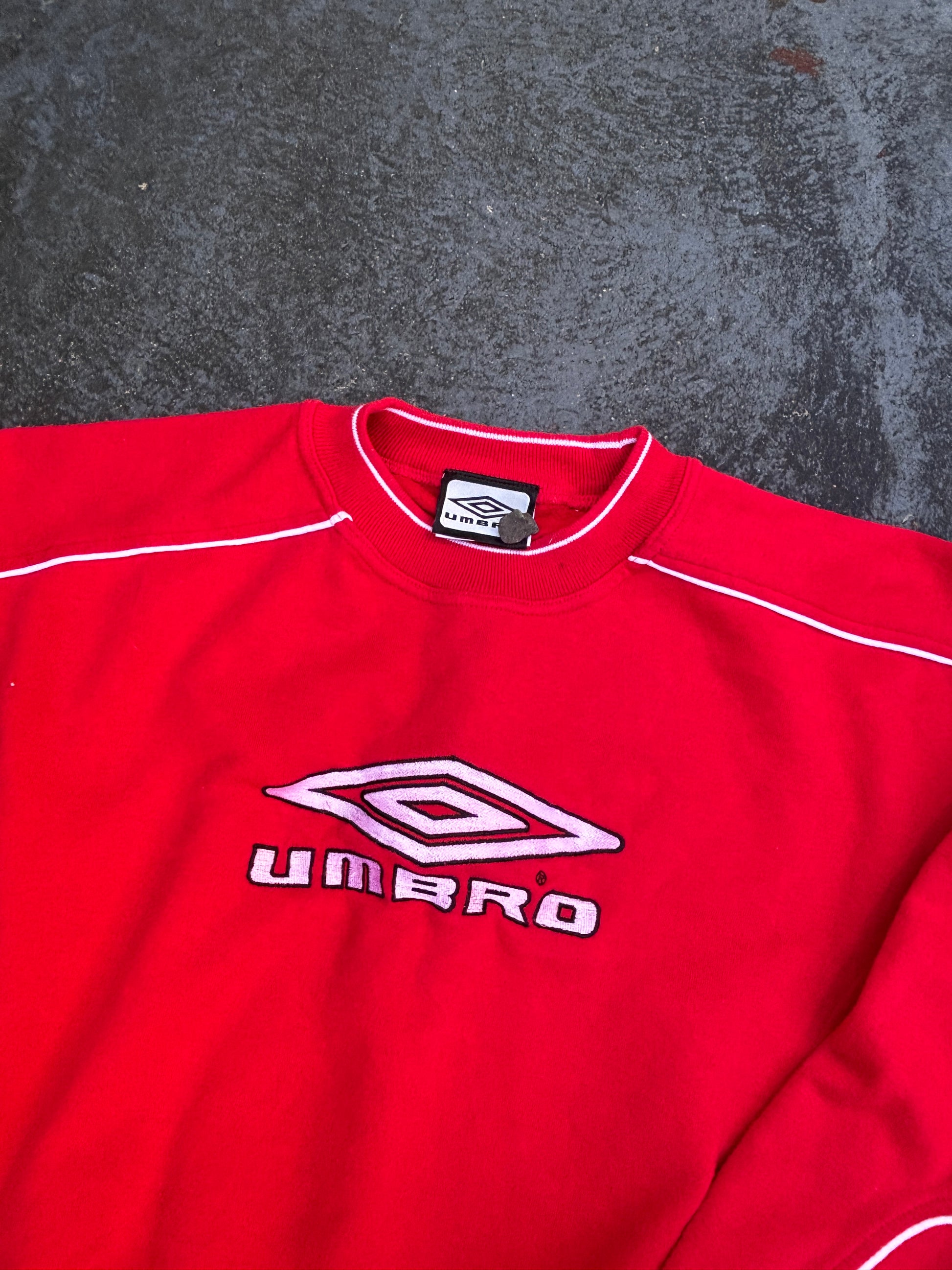 Vintage 90s Umbro Jumper Size S Red White Embroidered Logos Cuffed Waist
