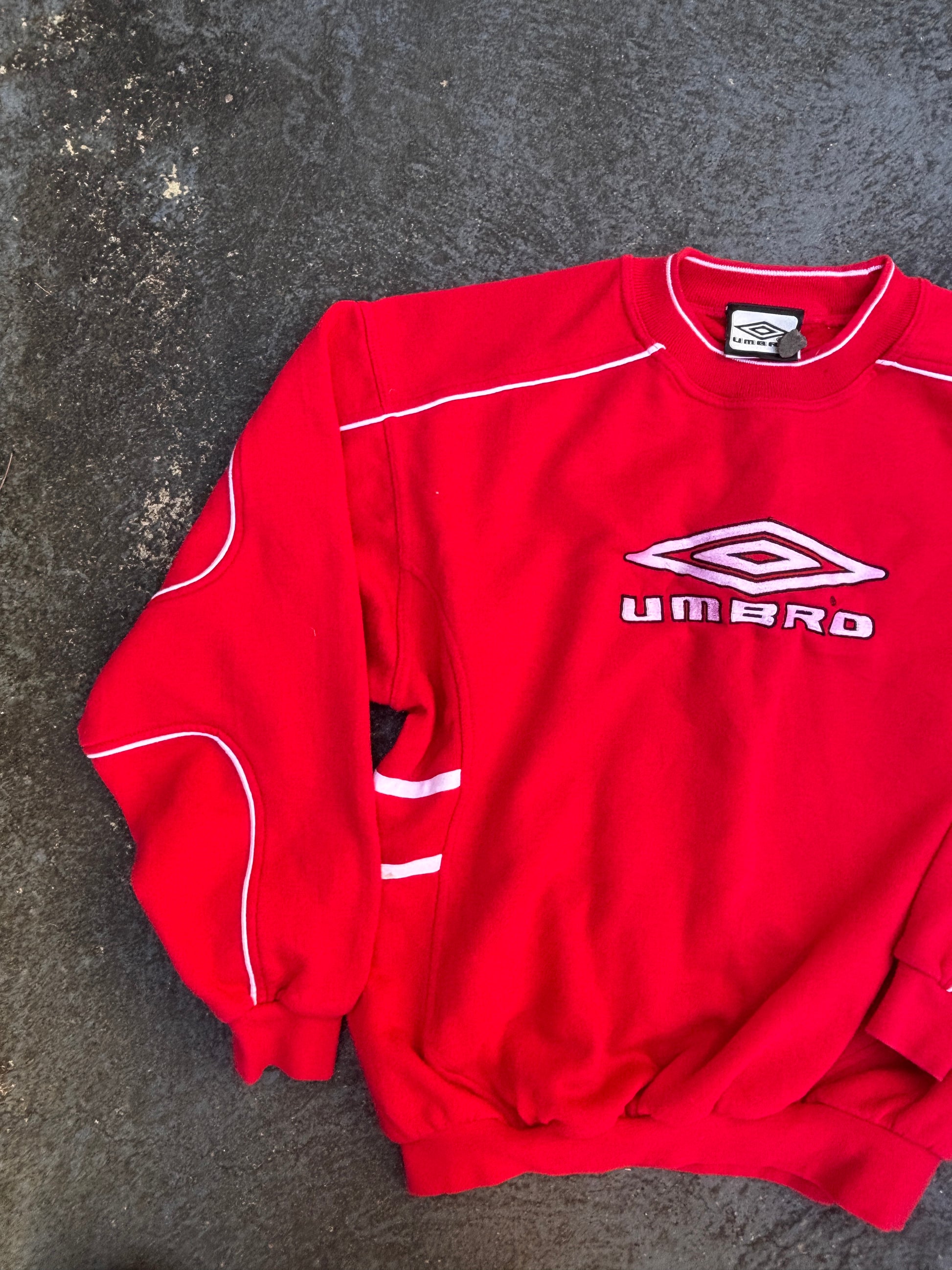 Vintage 90s Umbro Jumper Size S Red White Embroidered Logos Cuffed Waist