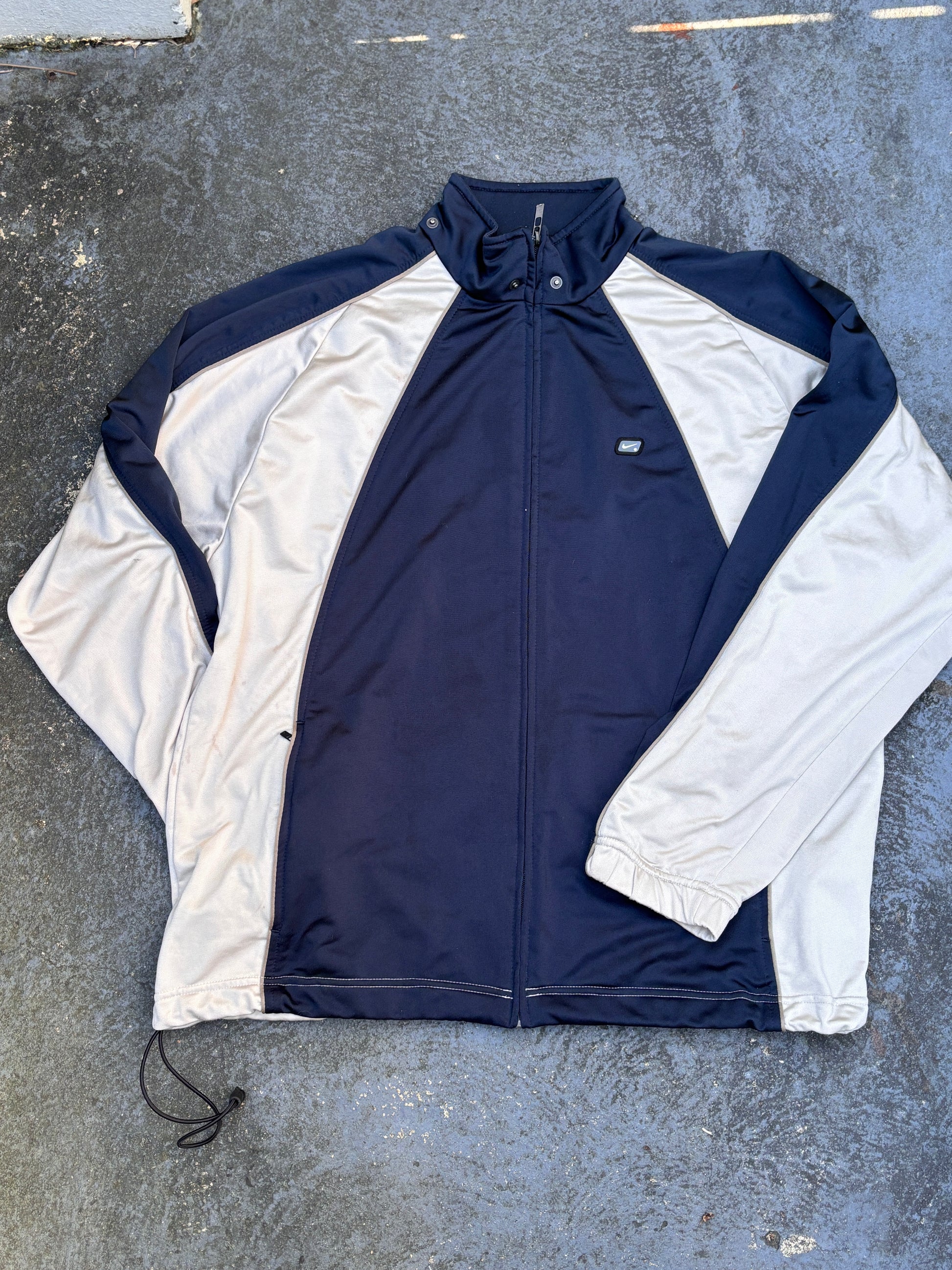 Vintage Y2K Nike Jacket Size XL Navy Brown Badge Logo Satin Style Mock Neck
