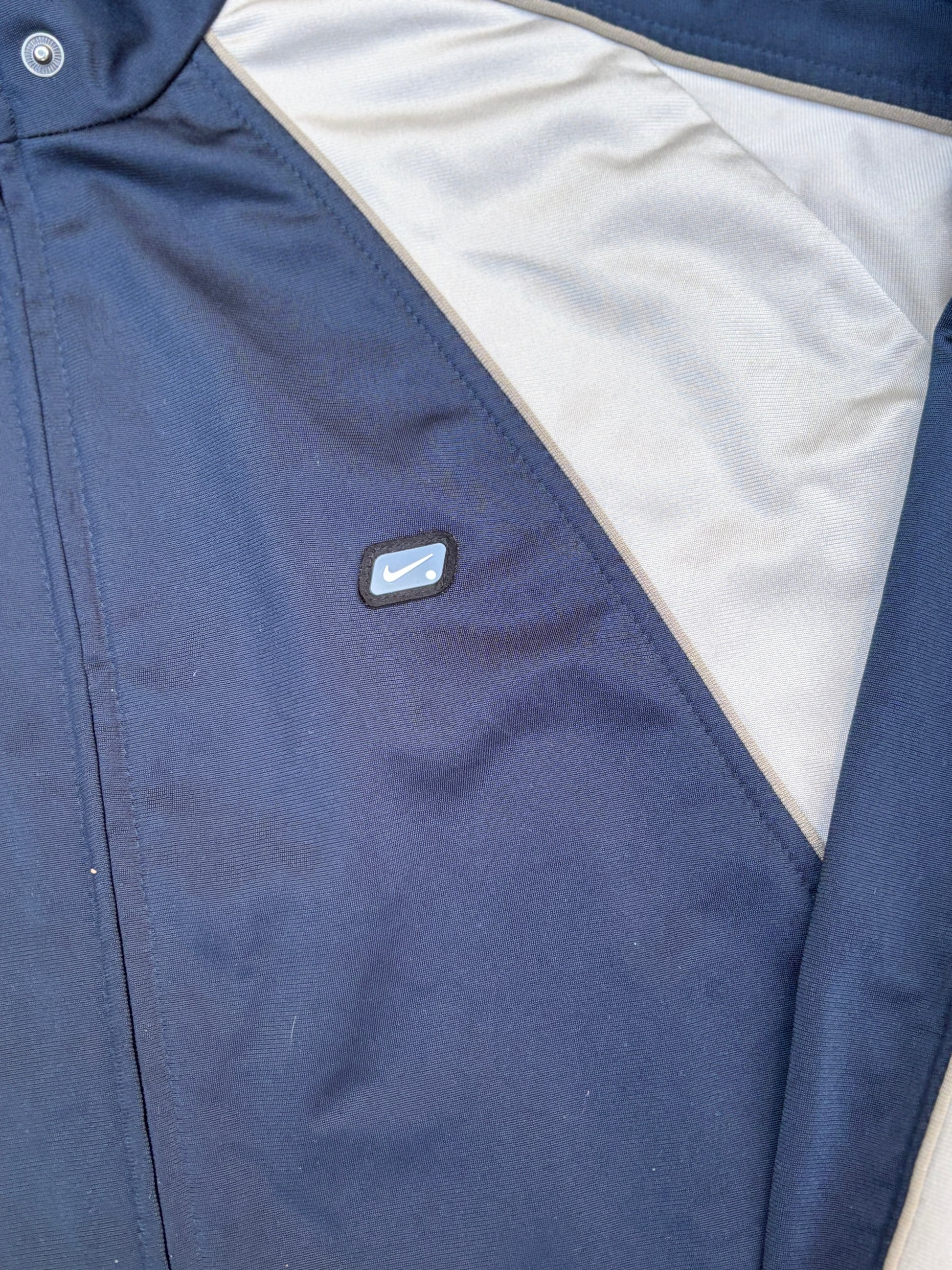 Vintage Y2K Nike Jacket Size XL Navy Brown Badge Logo Satin Style Mock Neck