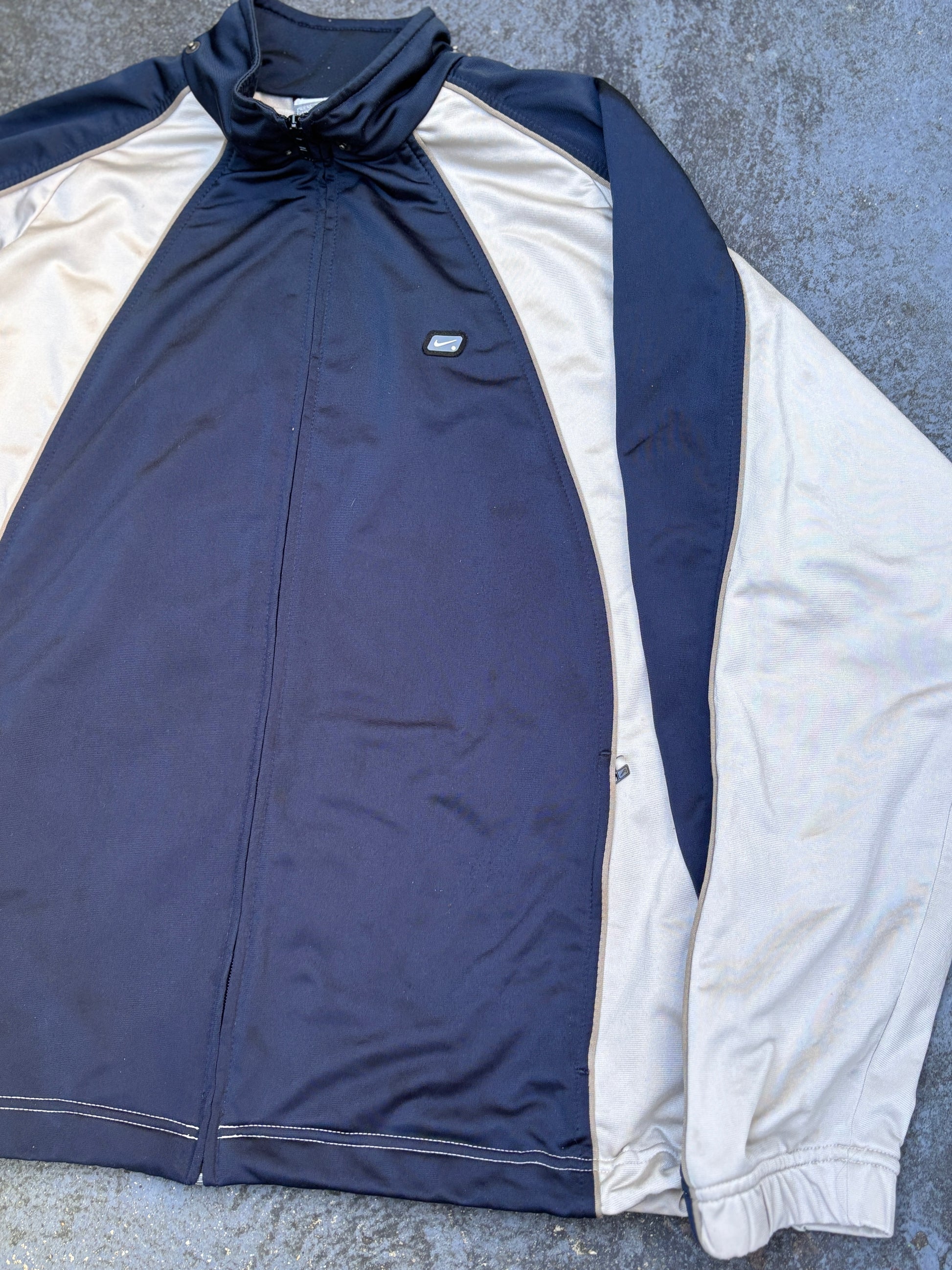 Vintage Y2K Nike Jacket Size XL Navy Brown Badge Logo Satin Style Mock Neck