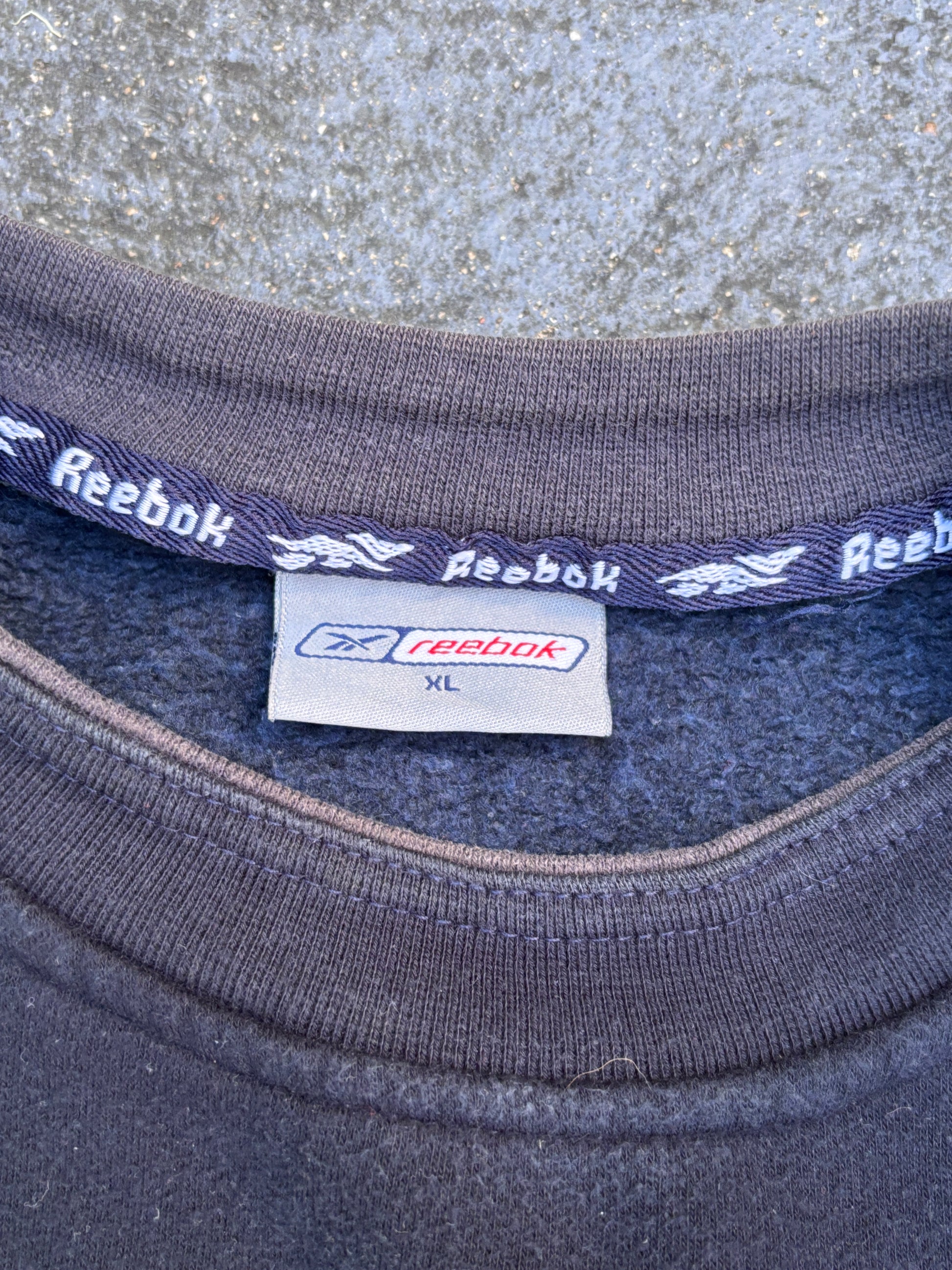 Vintage 90s Reebok Jumper Size XL Navy Grey Embroidered Front Logo Fleece