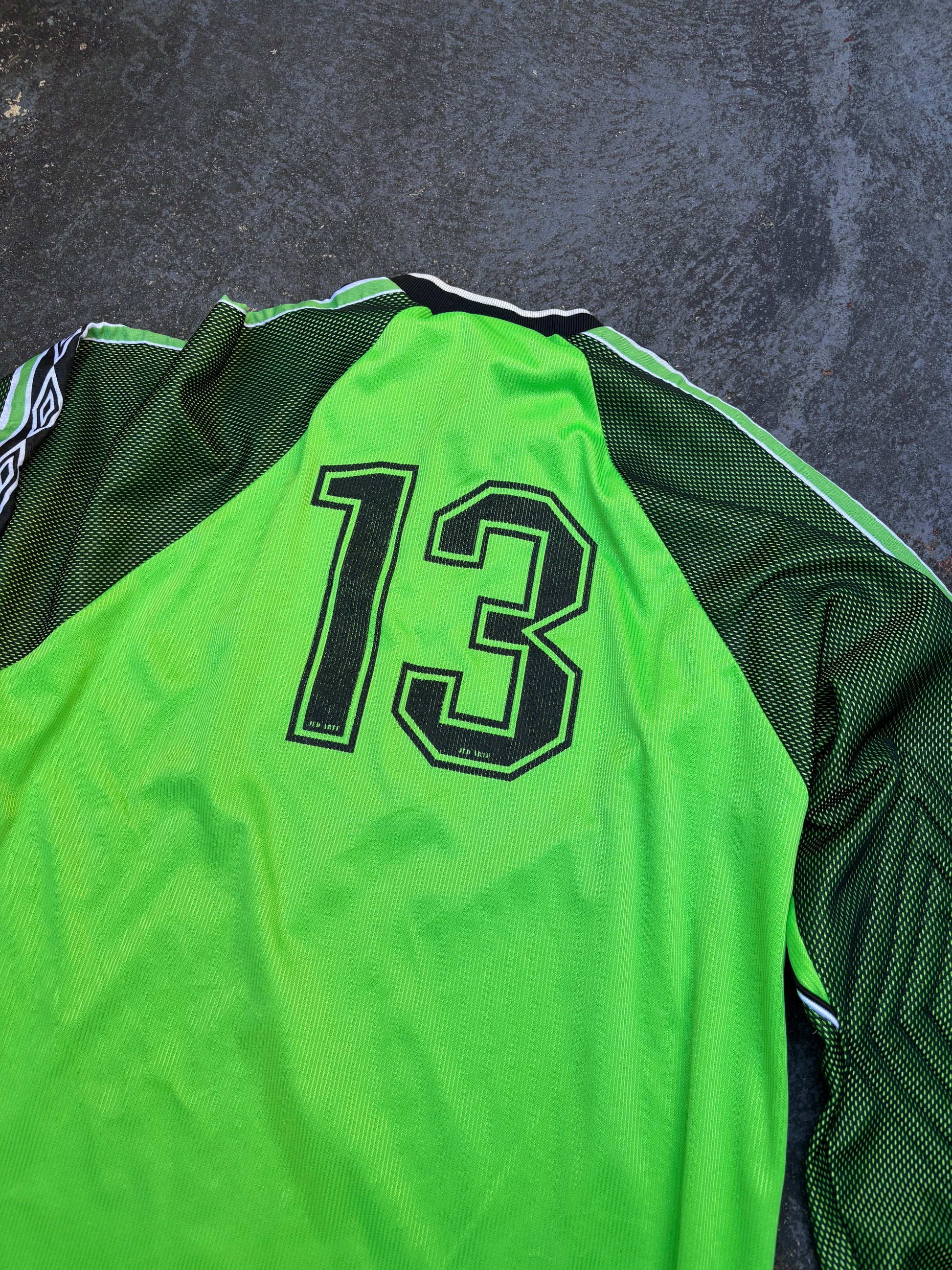 Vintage 90s Umbro Goalie Jersey Jumper Size XL Green Black Centre Logo Arm Tape