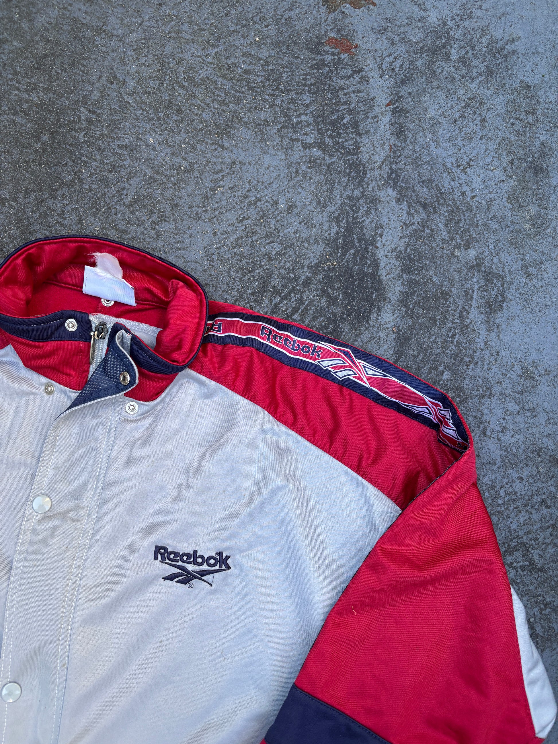 Vintage 90s Reebok Jacket Size XL Grey Red Detail Button Zip Arm Tape