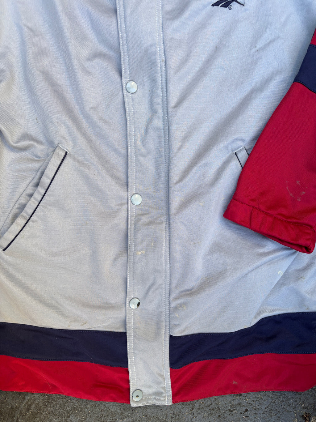 Vintage 90s Reebok Jacket Size XL Grey Red Detail Button Zip Arm Tape