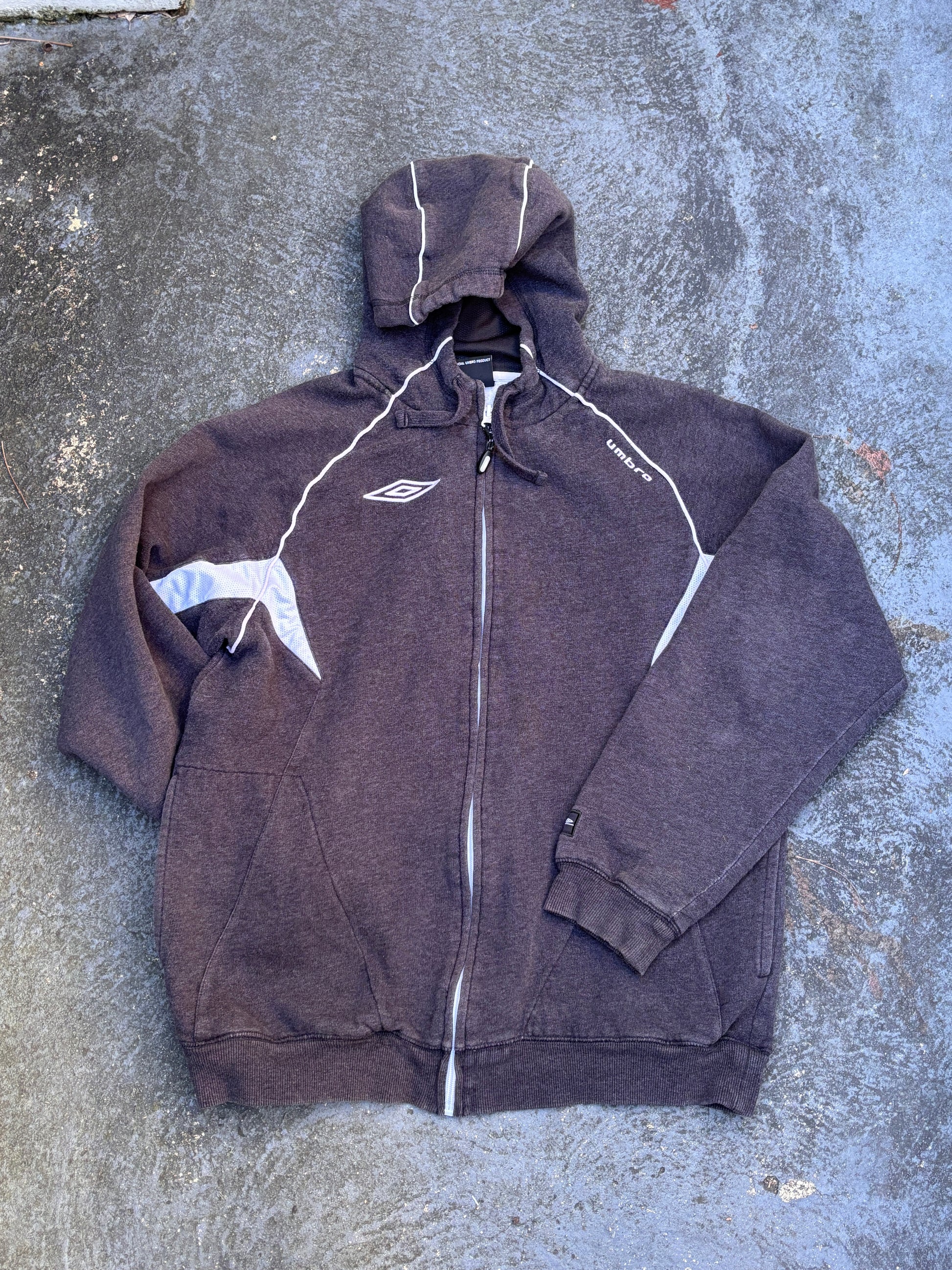 Vintage Y2K Umbro Hoodie Size L Grey White Detail Full Zip Embroidered Logo