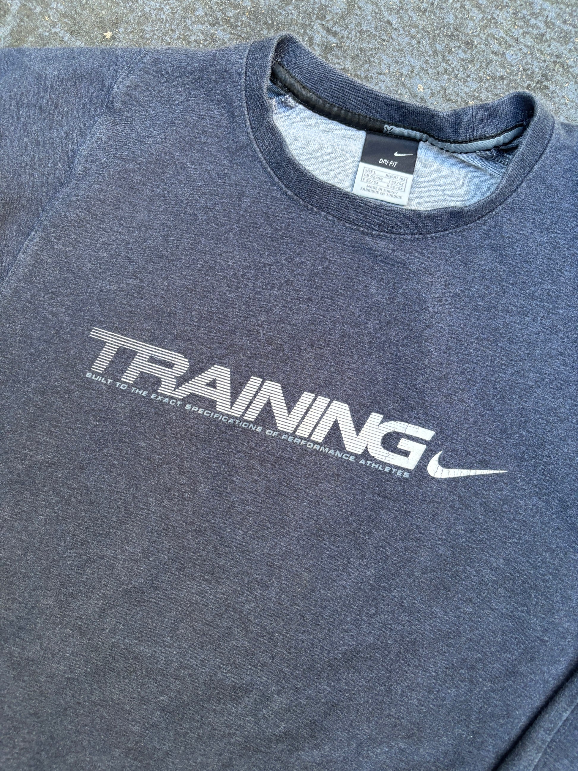 Vintage Y2K Nike Training Jumper Size L Navy Spell Out Swoosh Sweatshirt