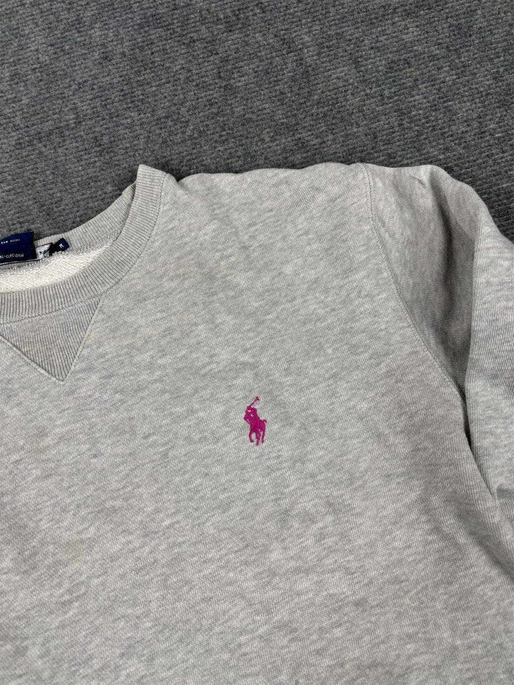 Vintage Women's 90's Ralph Lauren Jumper XS Grey Pink Small Pony Sweatshirt Crew Neck