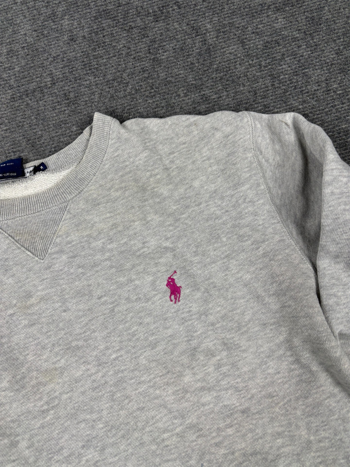 Vintage Women's 90's Ralph Lauren Jumper XS Grey Pink Small Pony Sweatshirt Crew Neck