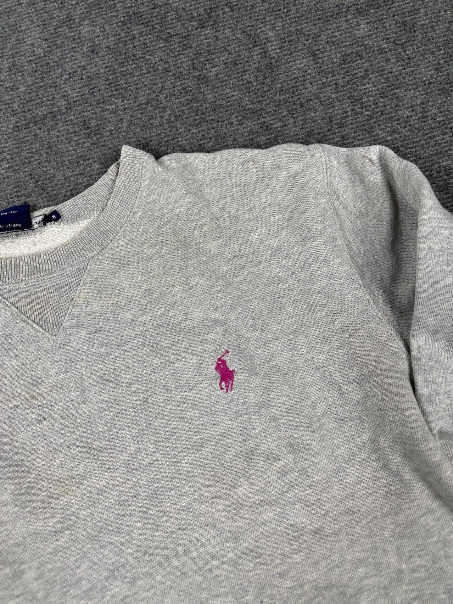 Vintage Women's 90's Ralph Lauren Jumper XS Grey Pink Small Pony Sweatshirt Crew Neck
