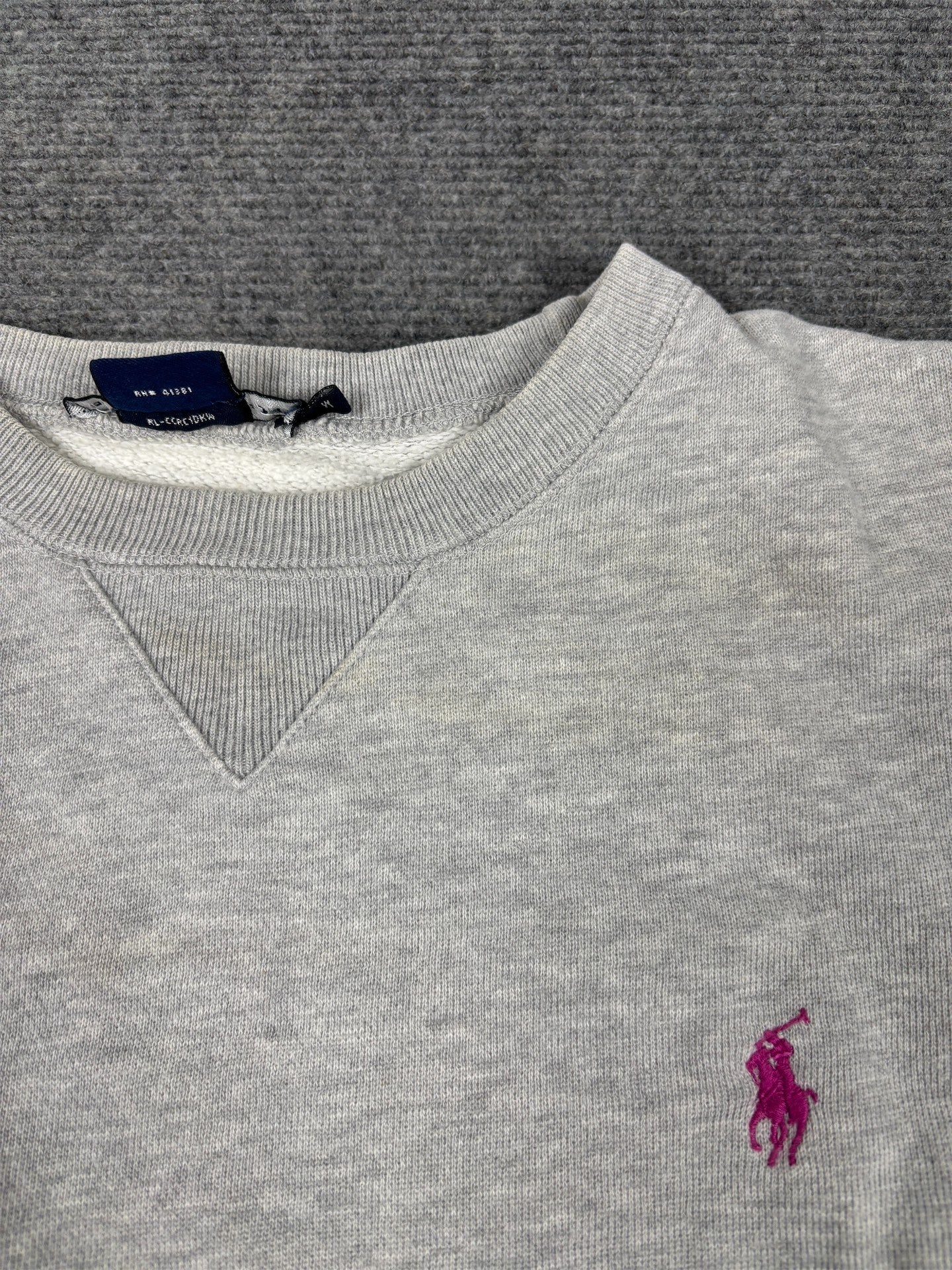 Vintage Women's 90's Ralph Lauren Jumper XS Grey Pink Small Pony Sweatshirt Crew Neck