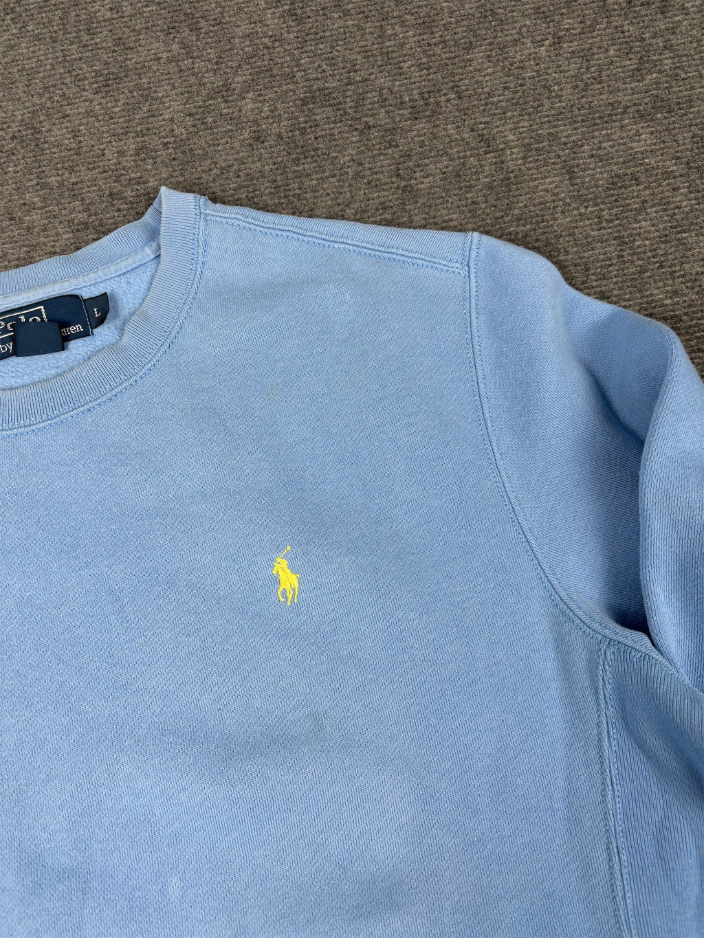 Vintage Men's 90's Ralph Lauren Jumper L Blue Yellow Small Pony Sweatshirt Crew Neck