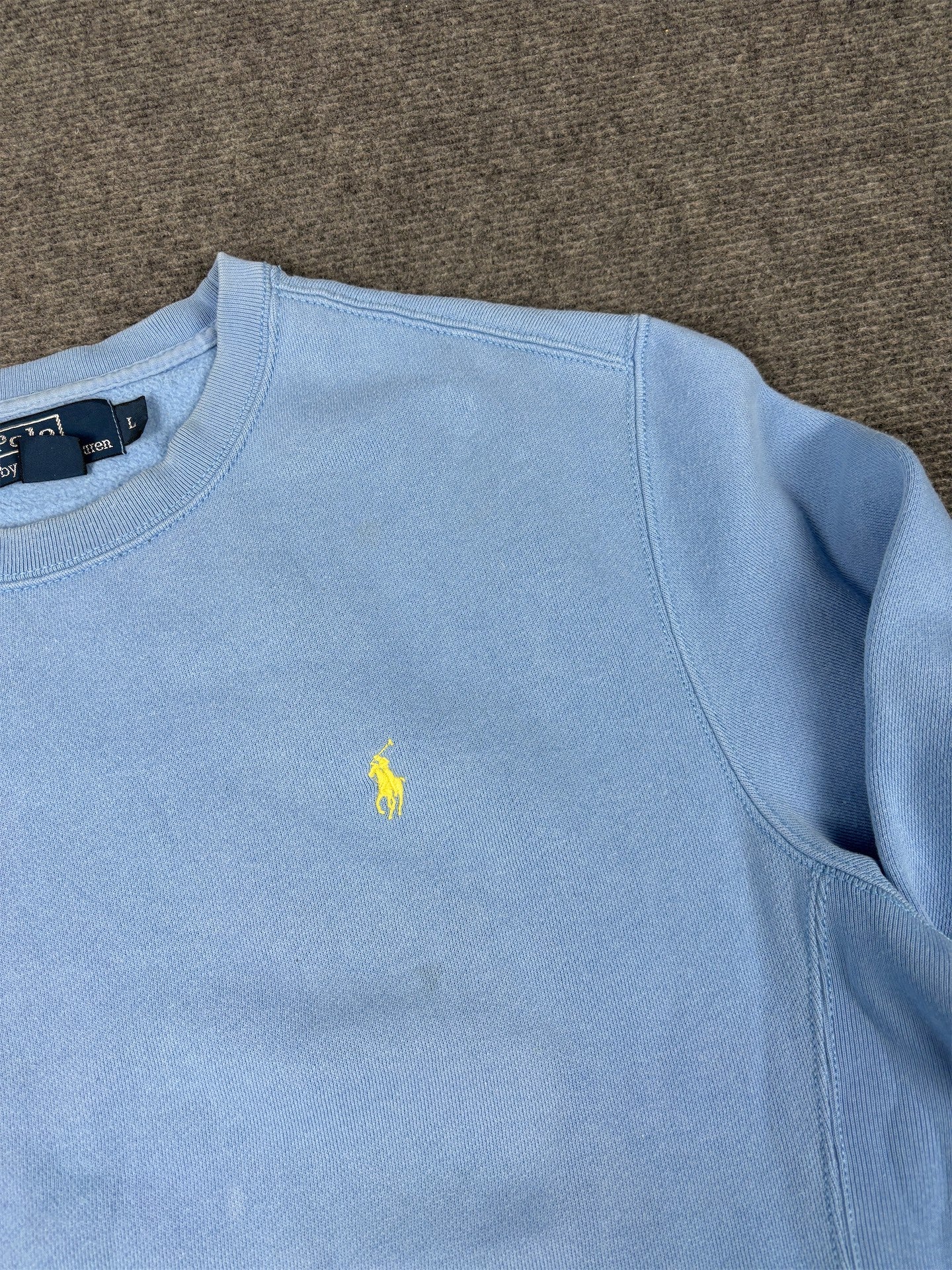 Vintage Men's 90's Ralph Lauren Jumper L Blue Yellow Small Pony Sweatshirt Crew Neck