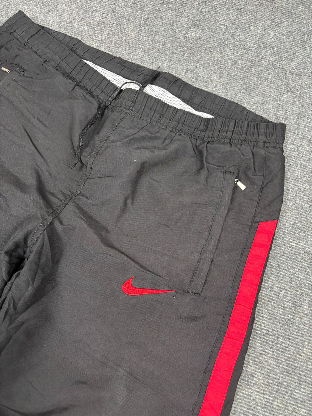 Vintage Y2K Nike Track Pants Men's L Black Red Swoosh Panels White Piping Ankle Zips Wide Leg