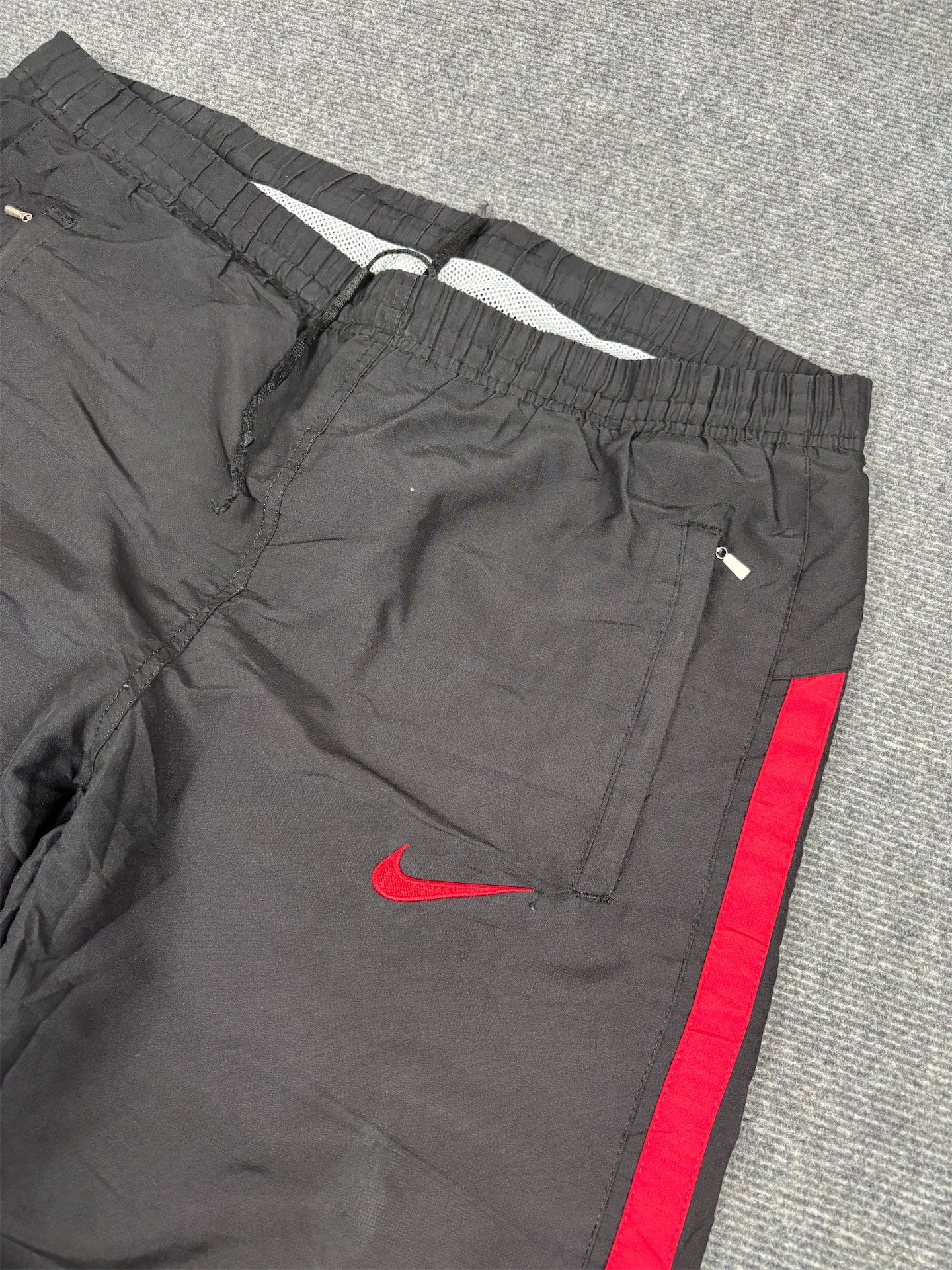 Vintage Y2K Nike Track Pants Men's L Black Red Swoosh Panels White Piping Ankle Zips Wide Leg