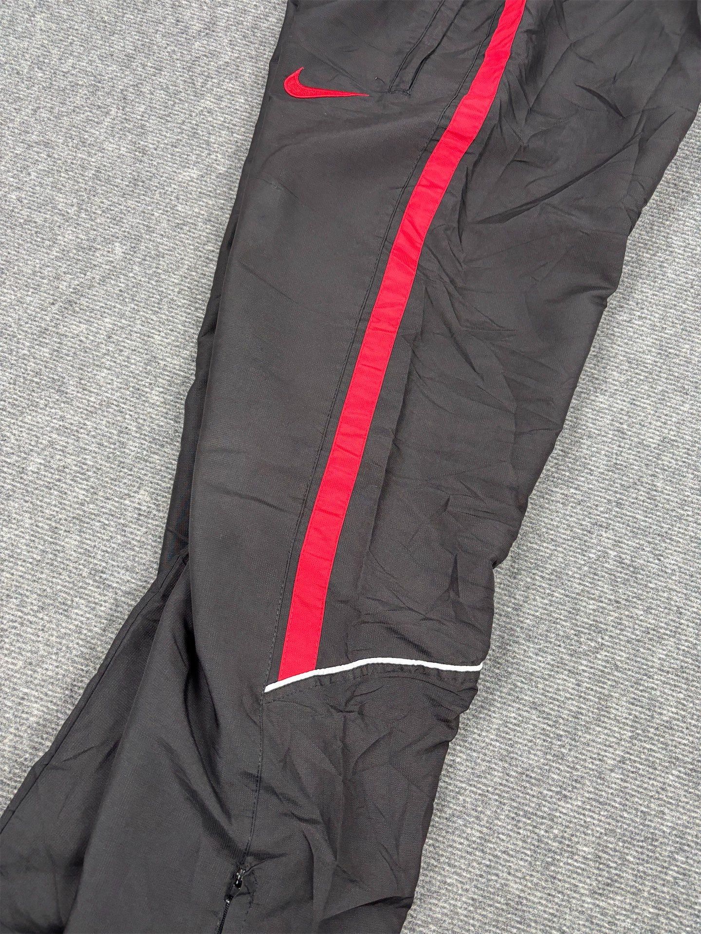 Vintage Y2K Nike Track Pants Men's L Black Red Swoosh Panels White Piping Ankle Zips Wide Leg