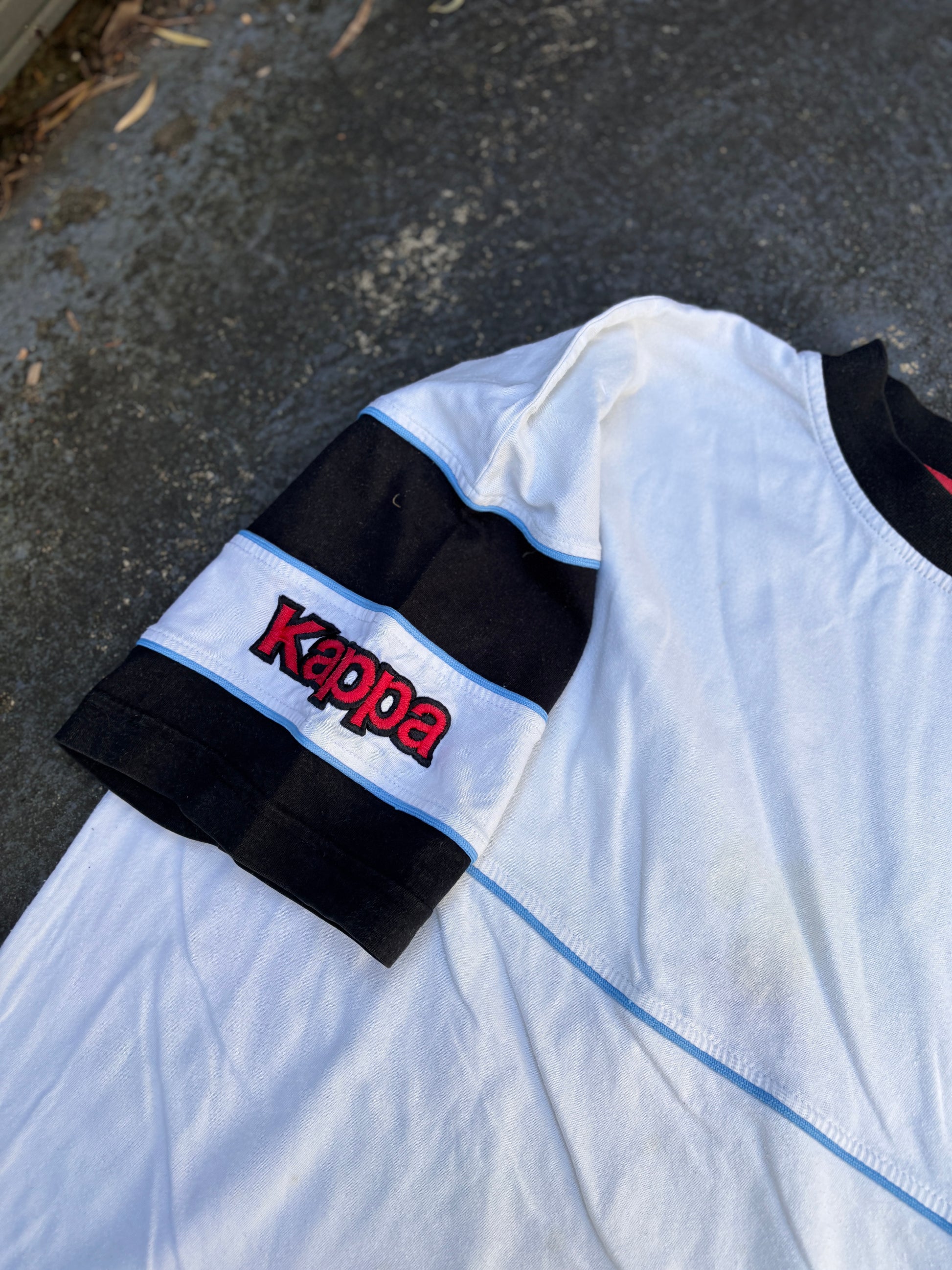 Vintage 90s Kappa T-Shirt Size L White Chest Logo Spell Out Arm Detail