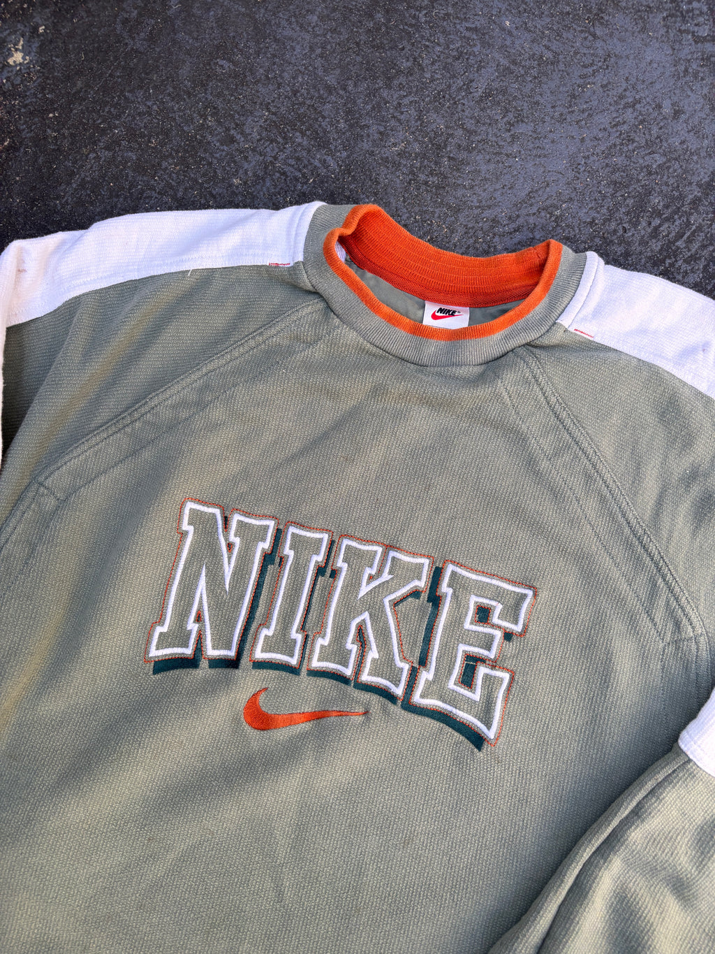 Vintage 90s Nike Jumper Size L Green Waffle Texture Spell Out Sweatshirt