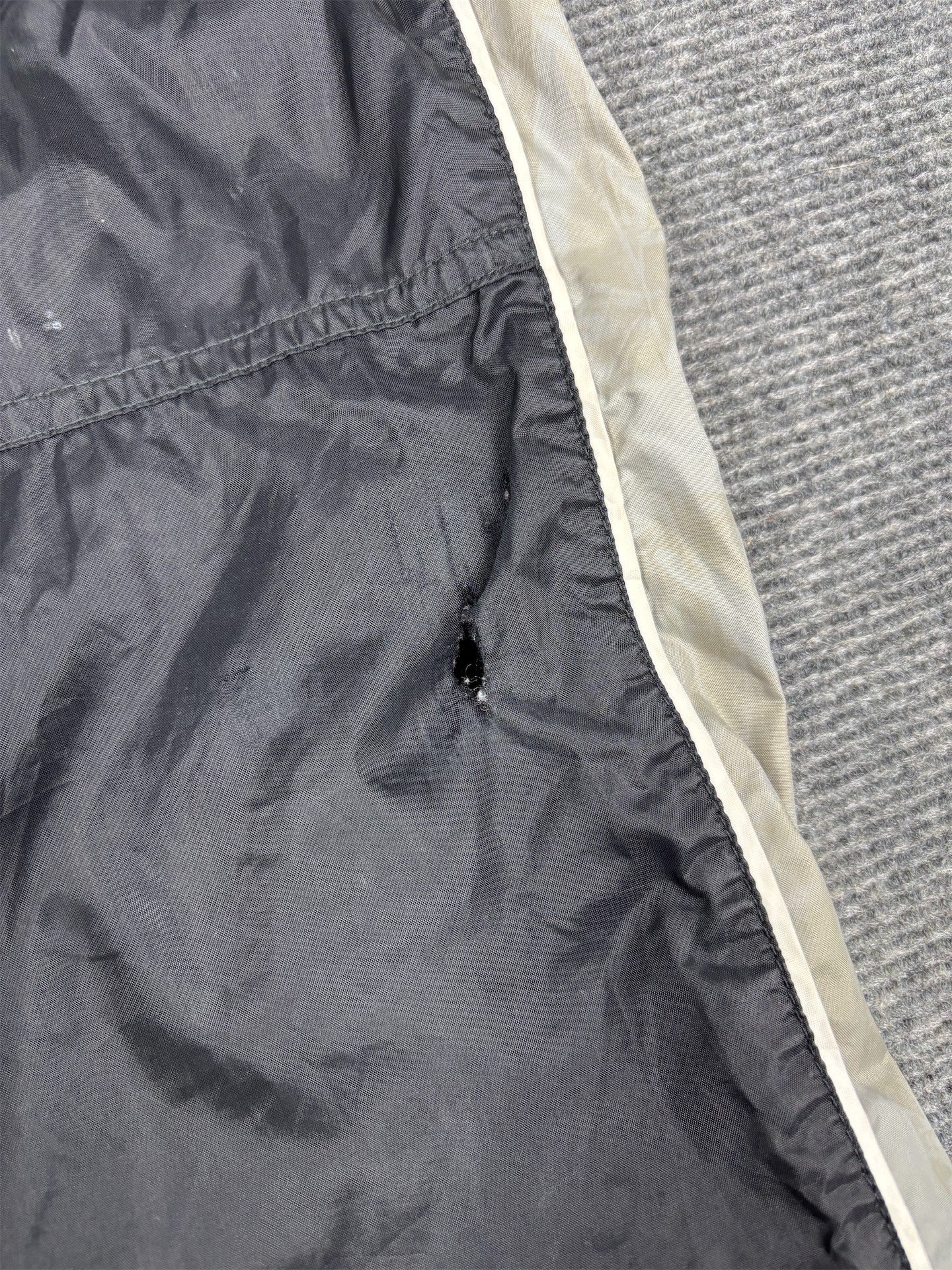 Vintage 90's Nike Cargo Track Pants Men's L Black White Piping Grey Panels Ankle Swoosh Wide Leg