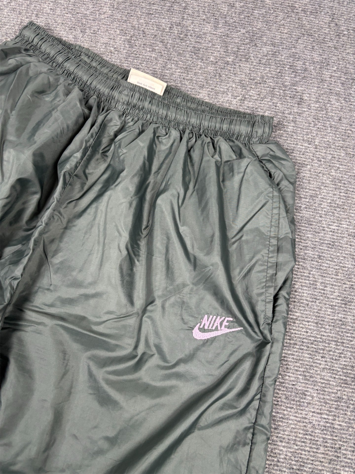 Vintage 80s Nike Track Pants M Grey Pink Logo Parachute Cuffed Ankle Zips