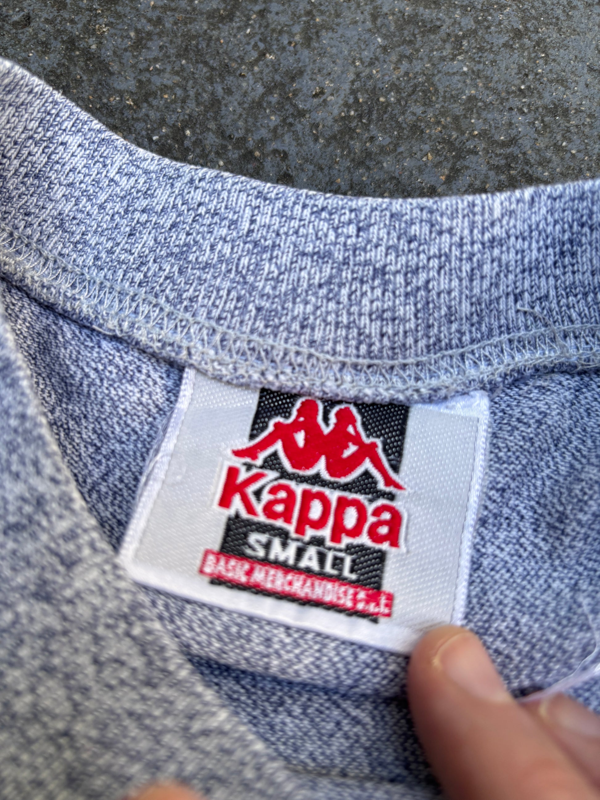 Vintage 90s Kappa Marbled T-Shirt Size S Navy White Arm Logo Detail