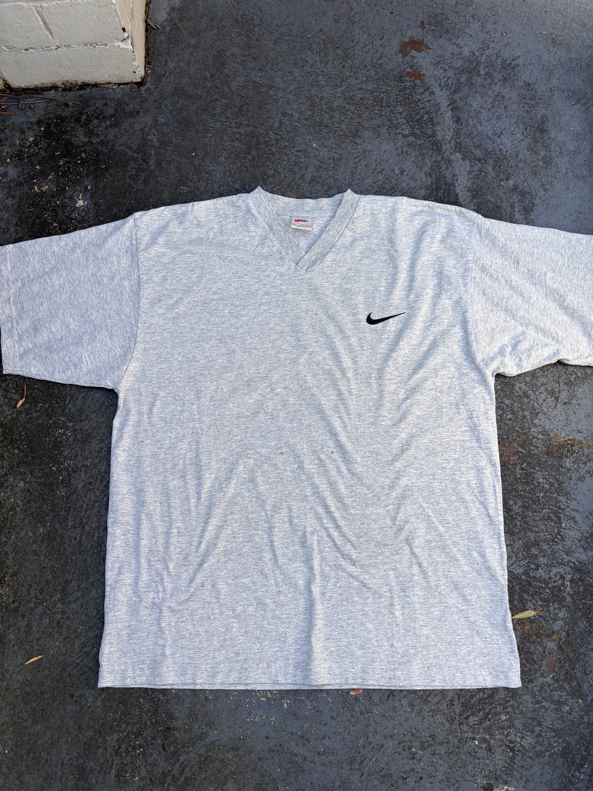 Vintage 90s Nike T-Shirt Size L Grey V-Neck Chest Swoosh Made In UK