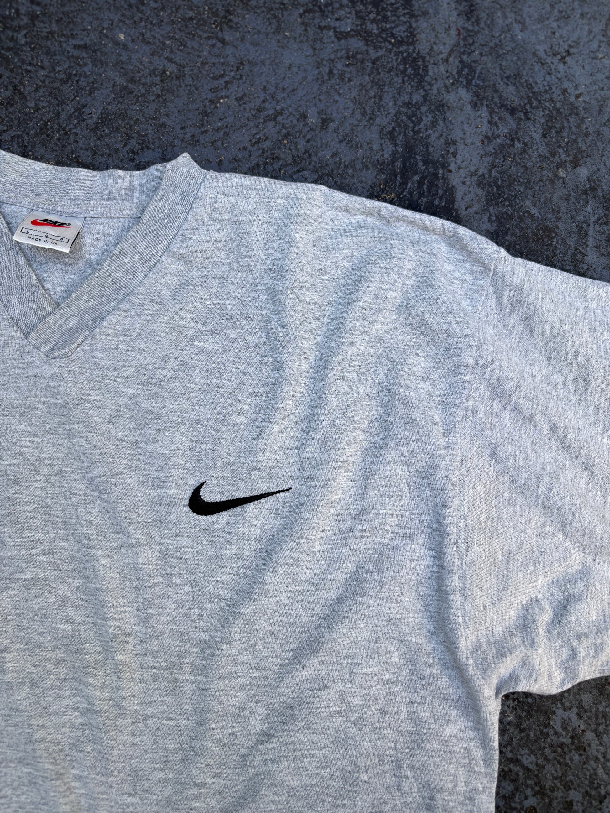 Vintage 90s Nike T-Shirt Size L Grey V-Neck Chest Swoosh Made In UK