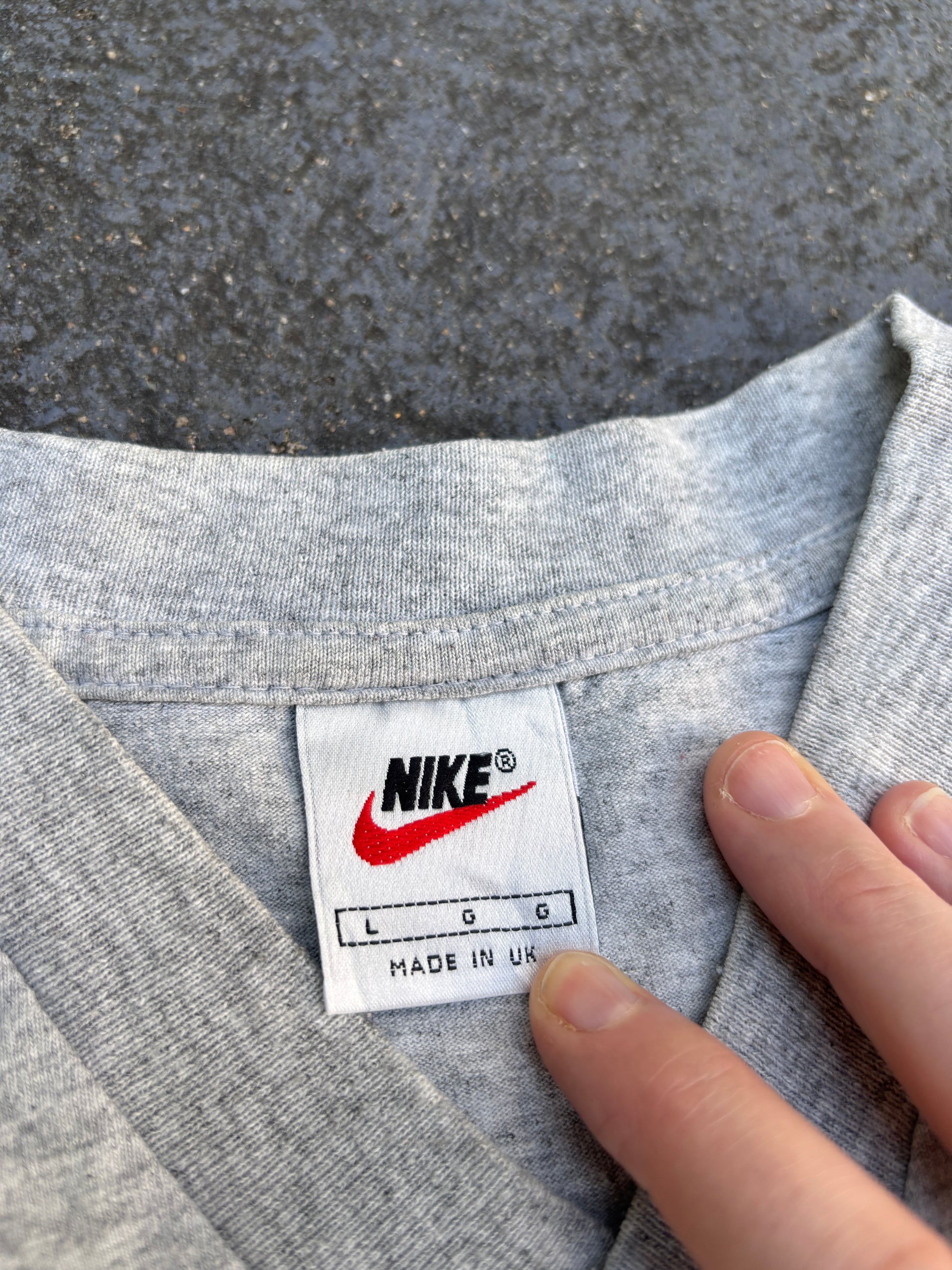 Vintage 90s Nike T-Shirt Size L Grey V-Neck Chest Swoosh Made In UK