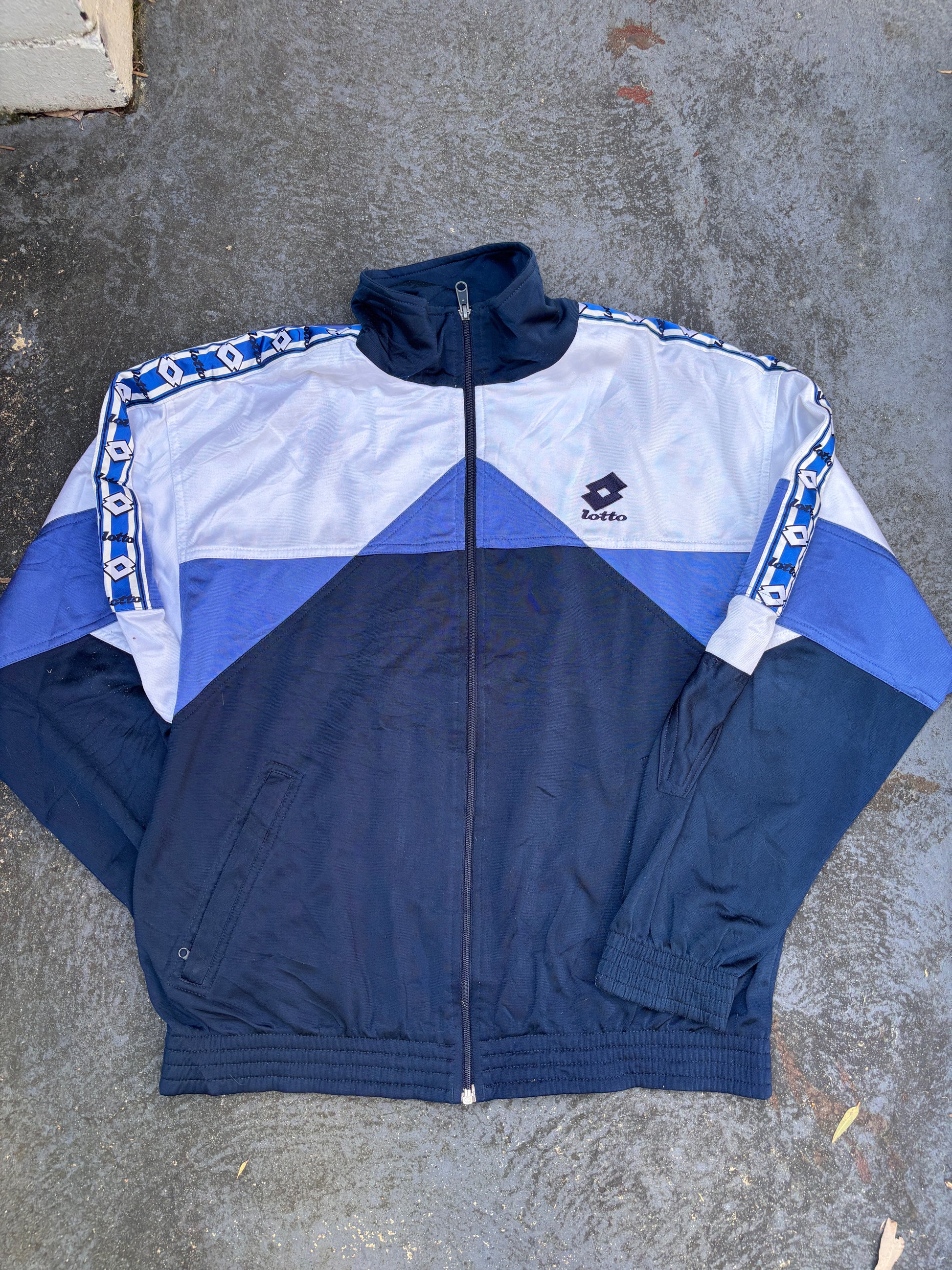 Vintage 90s Lotto Jacket Size L Navy White Sleeve Logo Tape Full Zip Satin Style