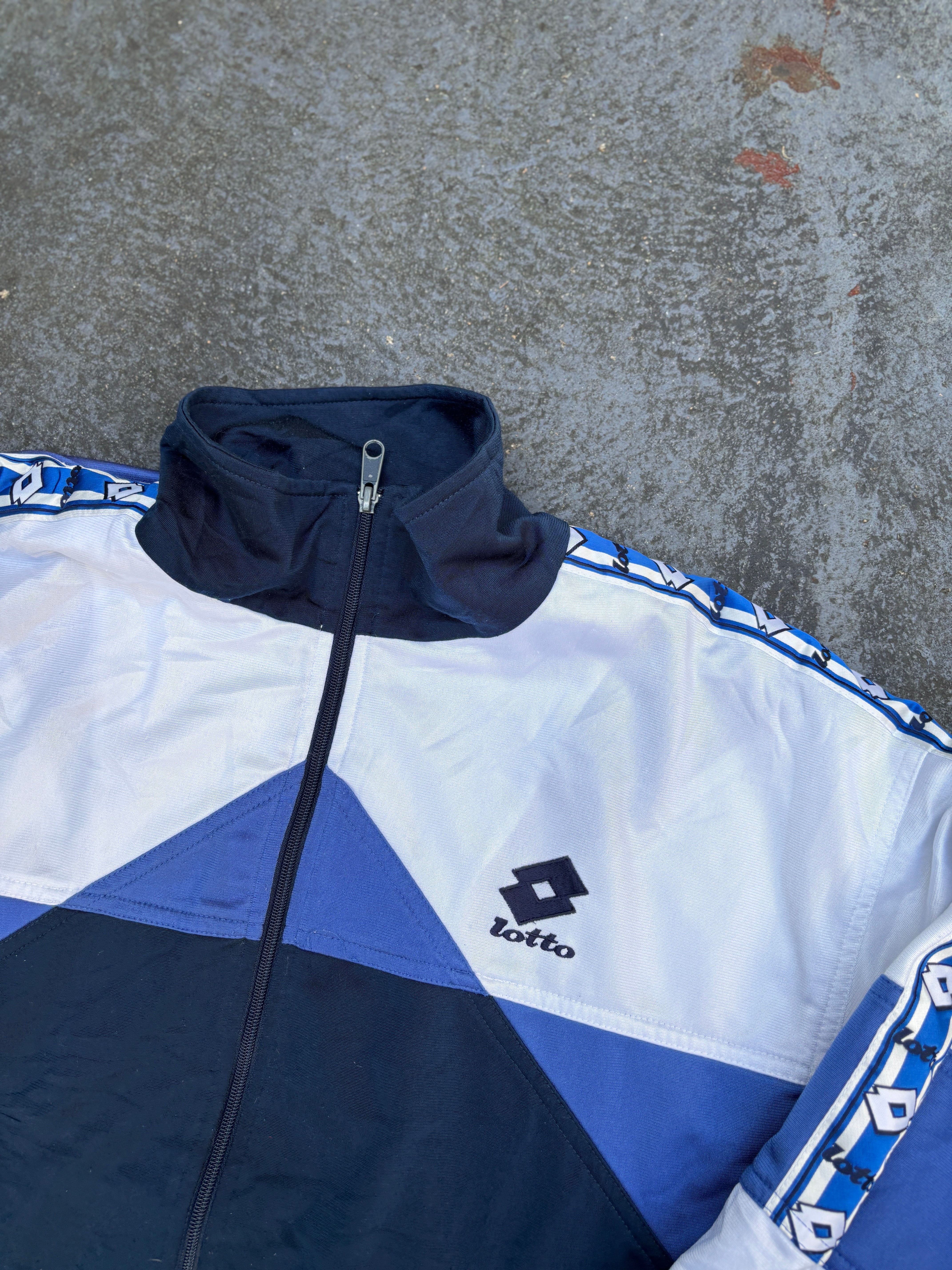 Vintage 90s Lotto Jacket Size L Navy White Sleeve Logo Tape Full