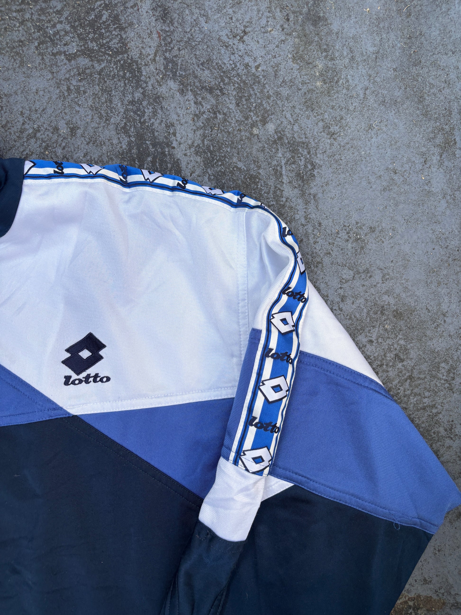 Vintage 90s Lotto Jacket Size L Navy White Sleeve Logo Tape Full Zip Satin Style