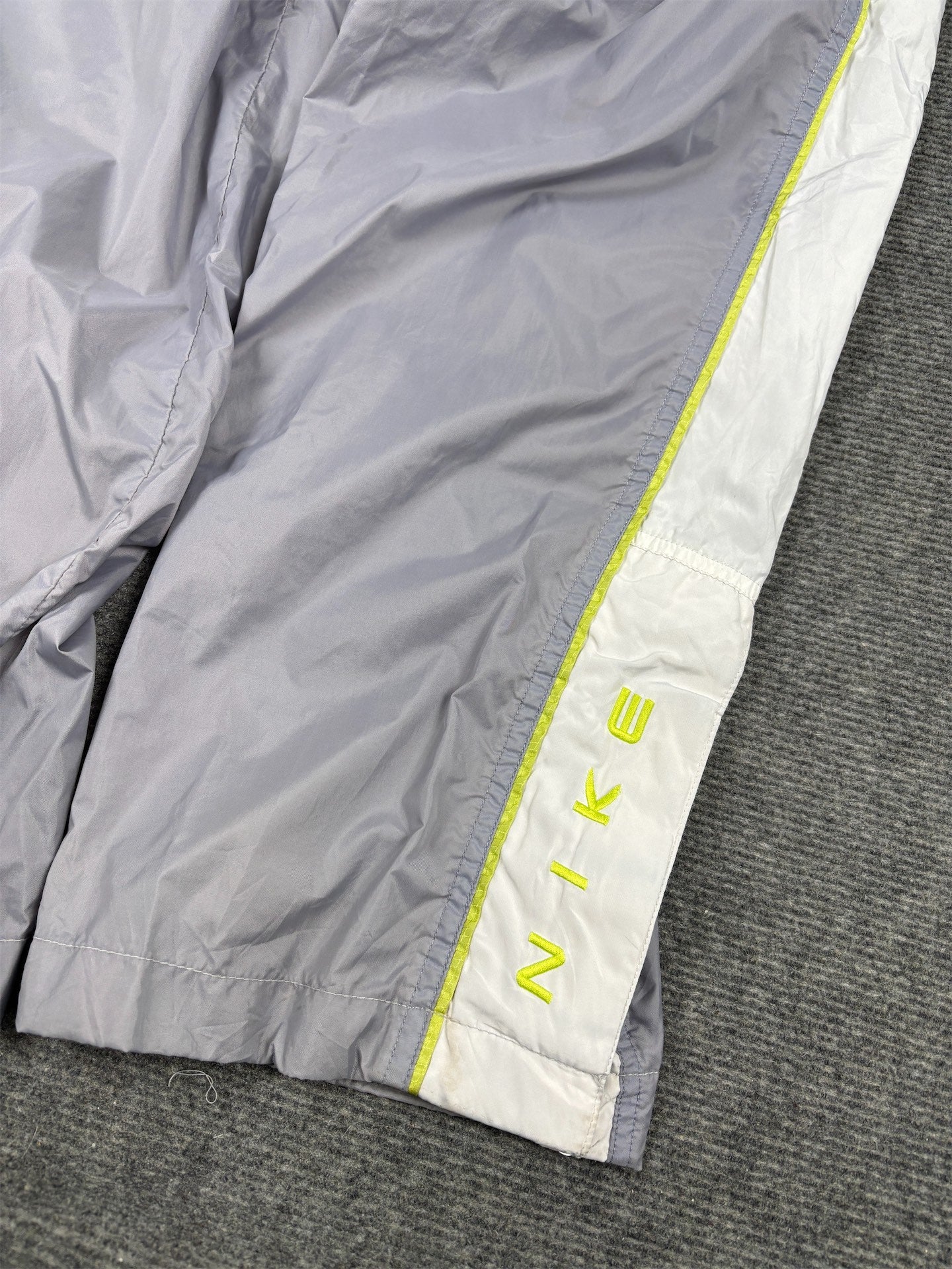 Vintage 90's Nike Track Pants Women's M Grey Grey Green Piping Spell Out Velcro Ankle Wide Leg