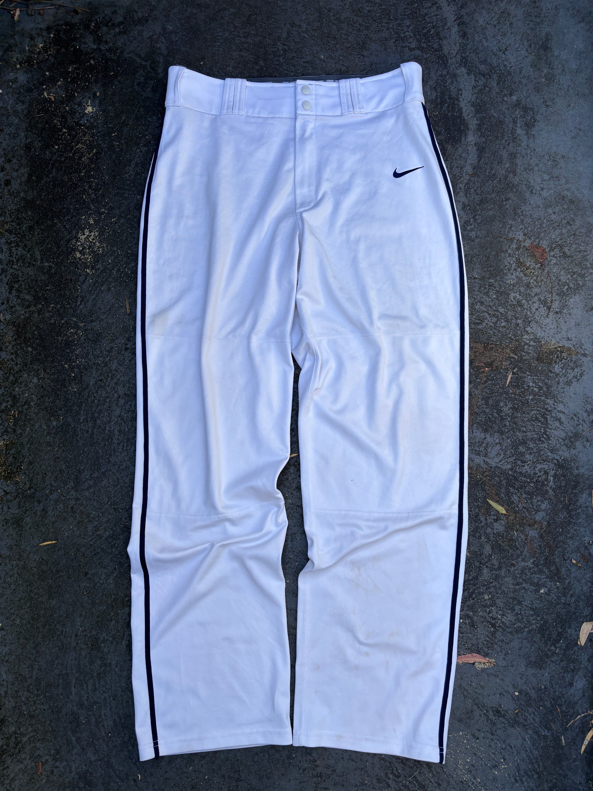 Nike Baseball Pants Size L White Navy Detail Wide Leg Double Knee