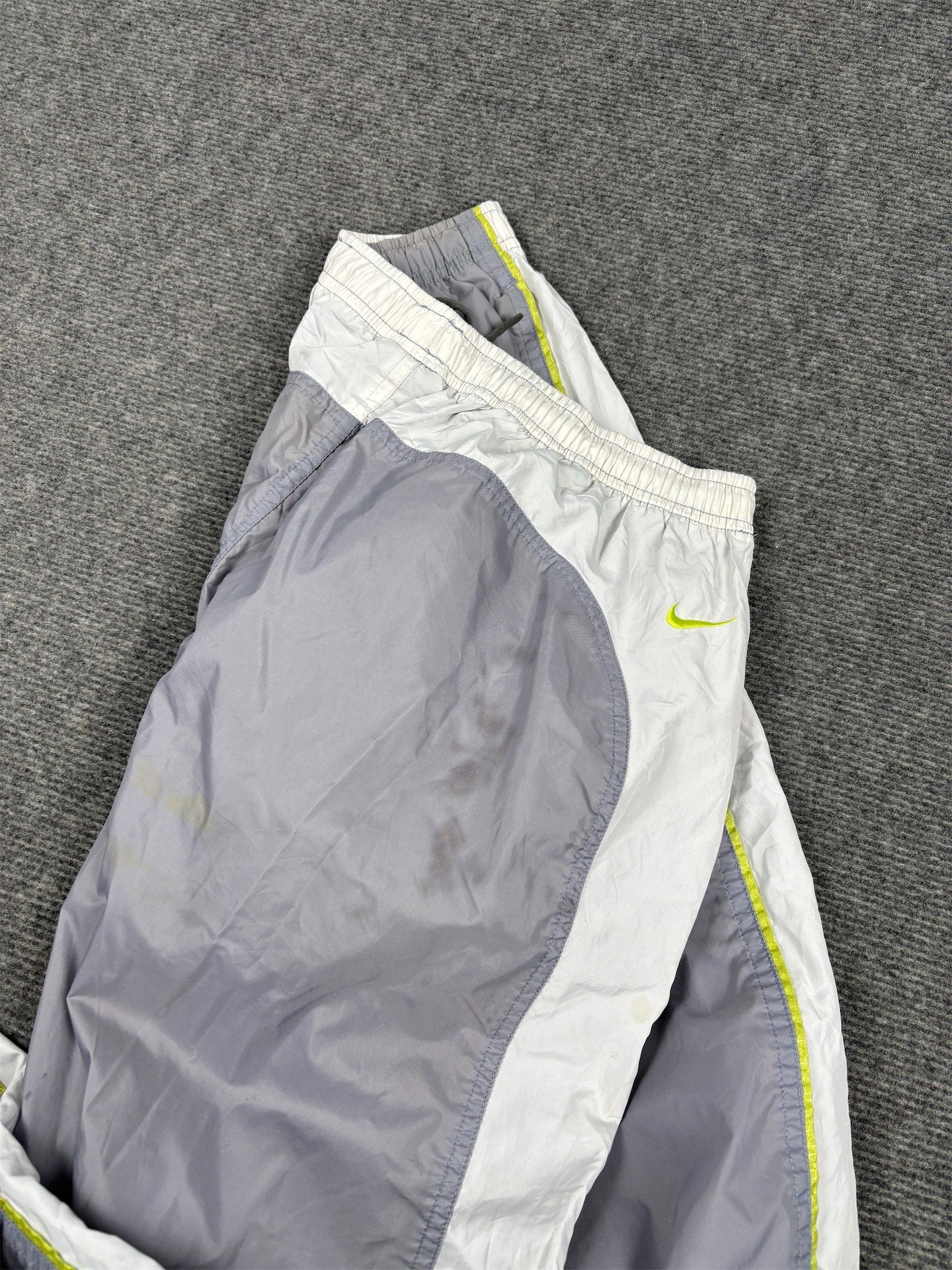 Vintage 90's Nike Track Pants Women's M Grey Grey Green Piping Spell Out Velcro Ankle Wide Leg