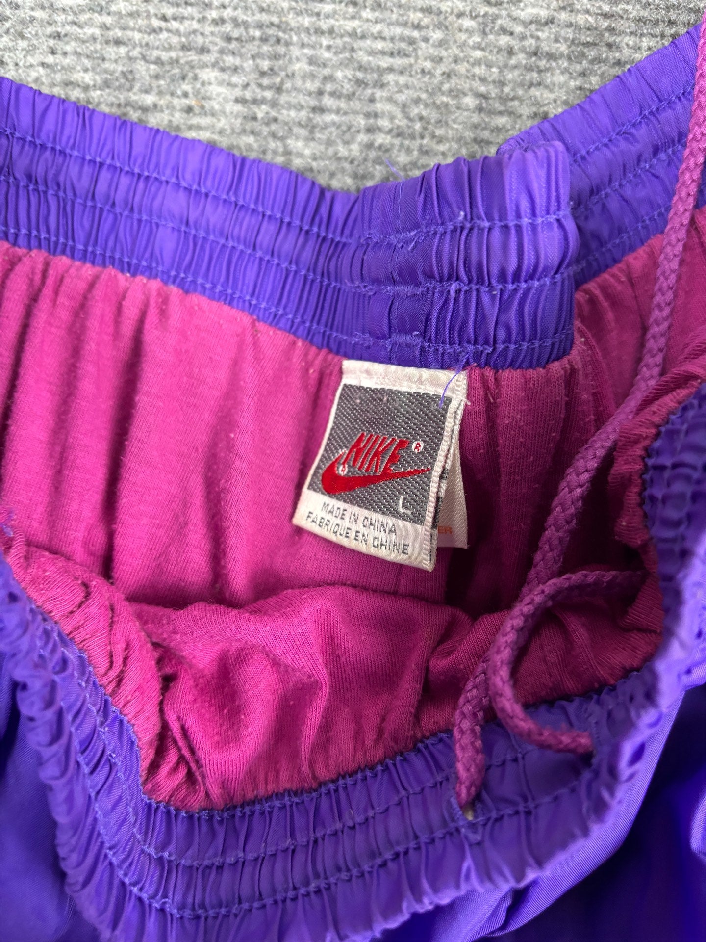 Vintage 90's Nike Track Pants Women's L Purple Pink Logo Parachute Joggers Tapered