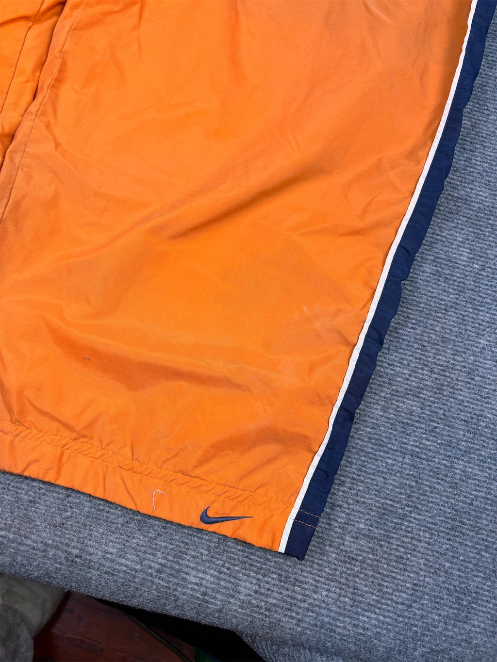 Vintage 90's Nike Cargo Track Pants Men's XL Orange Navy Panels White Piping Ankle Swoosh Wide Leg