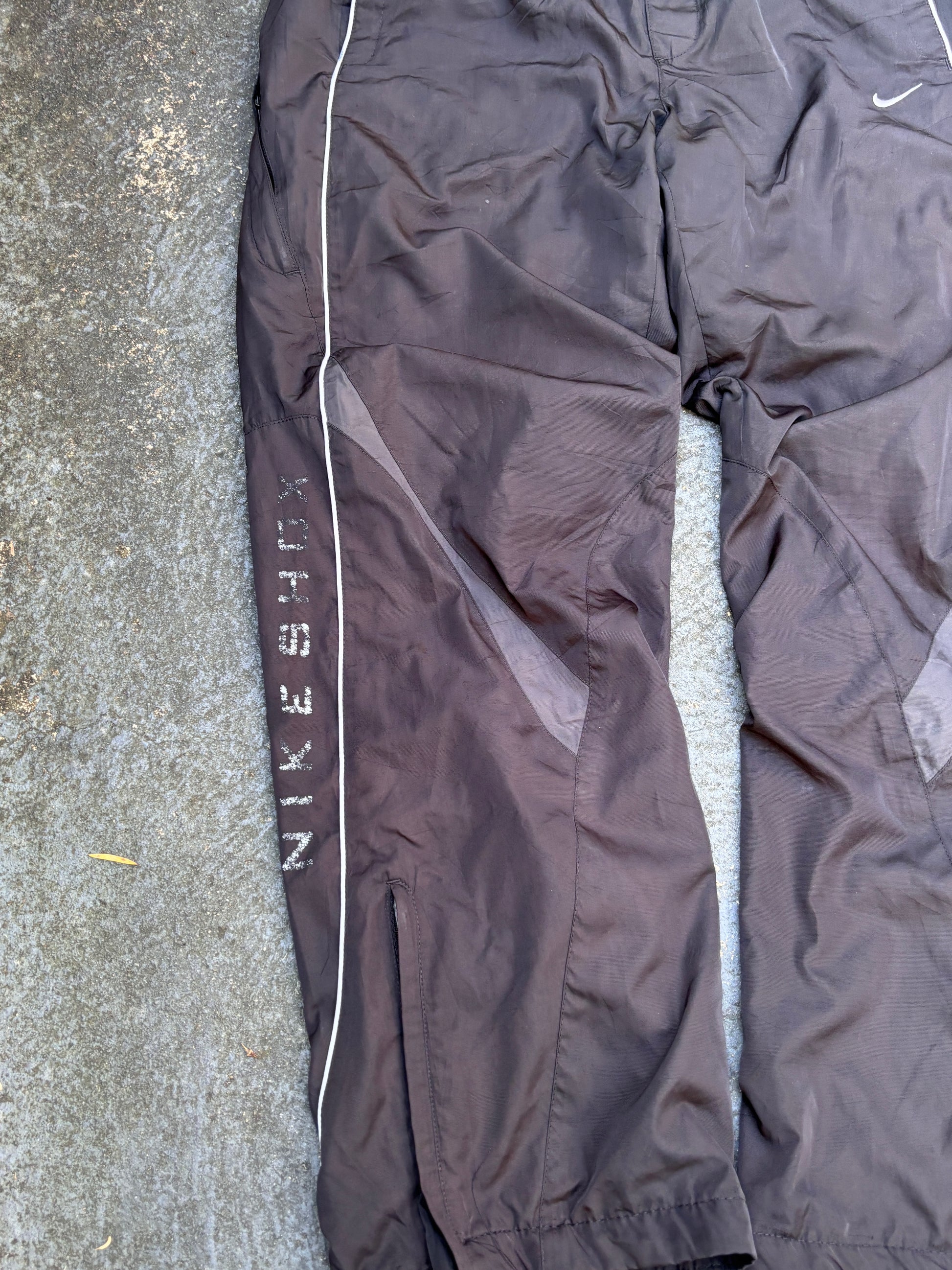 Vintage Y2K Nike Shox Track Pants Size L Black White Spell Out Wide Leg Ankle Zip