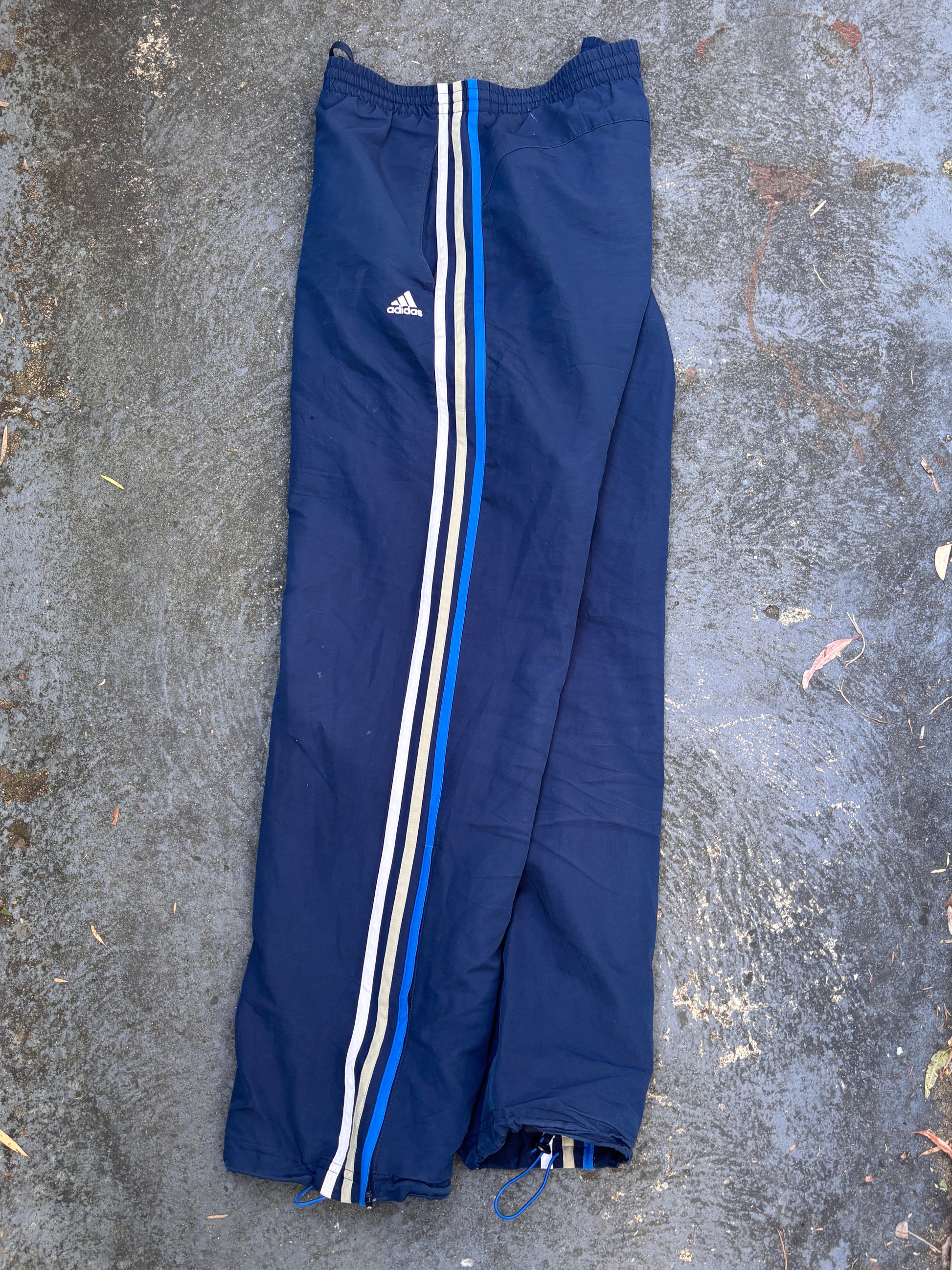 Adidas Track Pants Size L Navy Blue 3-Stripes Wide Leg Ankle Zip